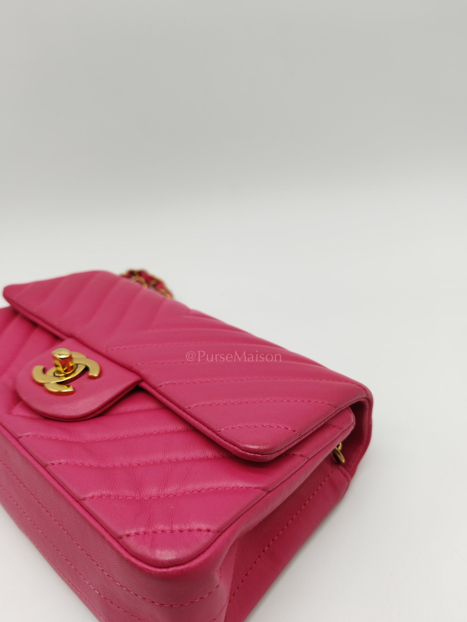 Mini Rectangle in Pink Chevron Quilted Lambskin Leather in Gold Hardware (Series 21) | Purse Maison Luxury Bags Shop