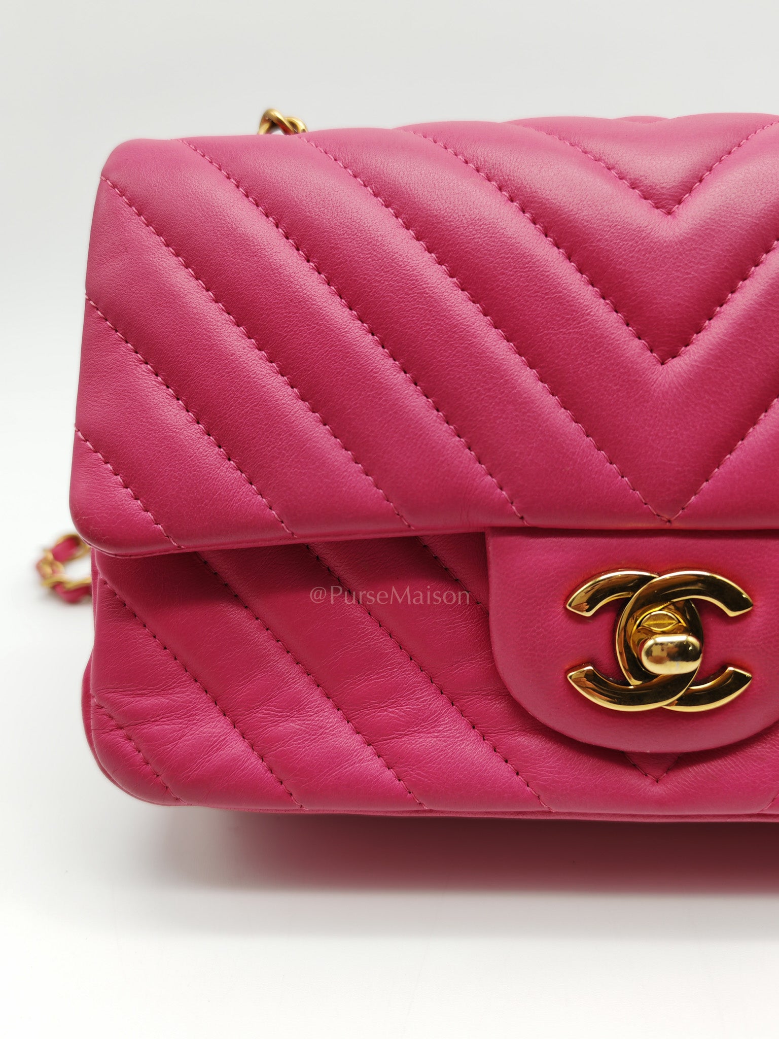 Mini Rectangle in Pink Chevron Quilted Lambskin Leather in Gold Hardware (Series 21) | Purse Maison Luxury Bags Shop