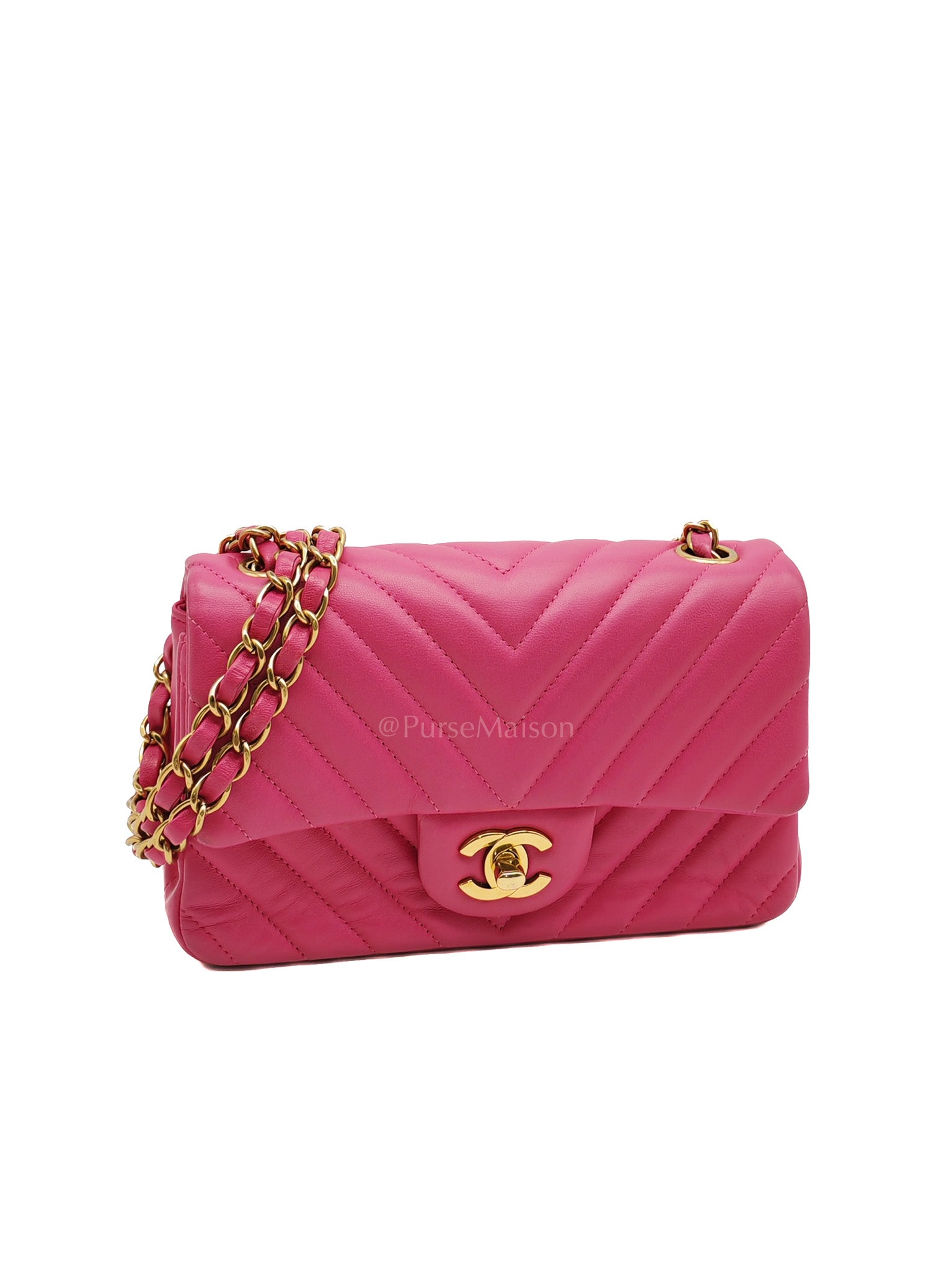 Mini Rectangle in Pink Chevron Quilted Lambskin Leather in Gold Hardware (Series 21) | Purse Maison Luxury Bags Shop