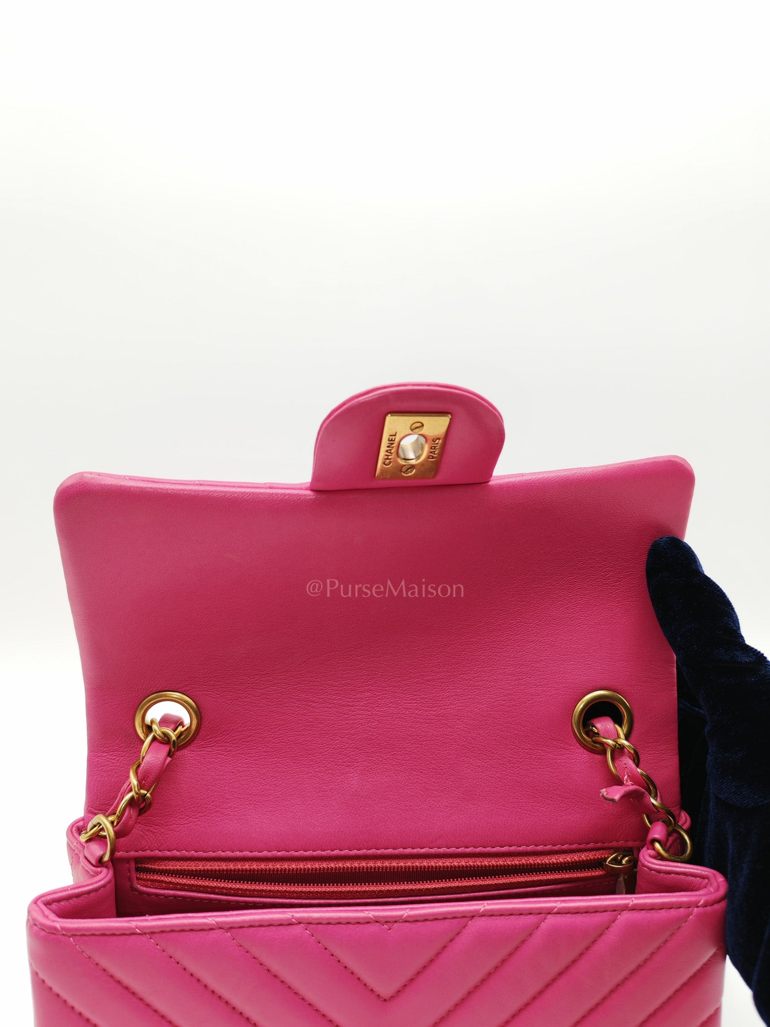 Mini Rectangle in Pink Chevron Quilted Lambskin Leather in Gold Hardware (Series 21) | Purse Maison Luxury Bags Shop