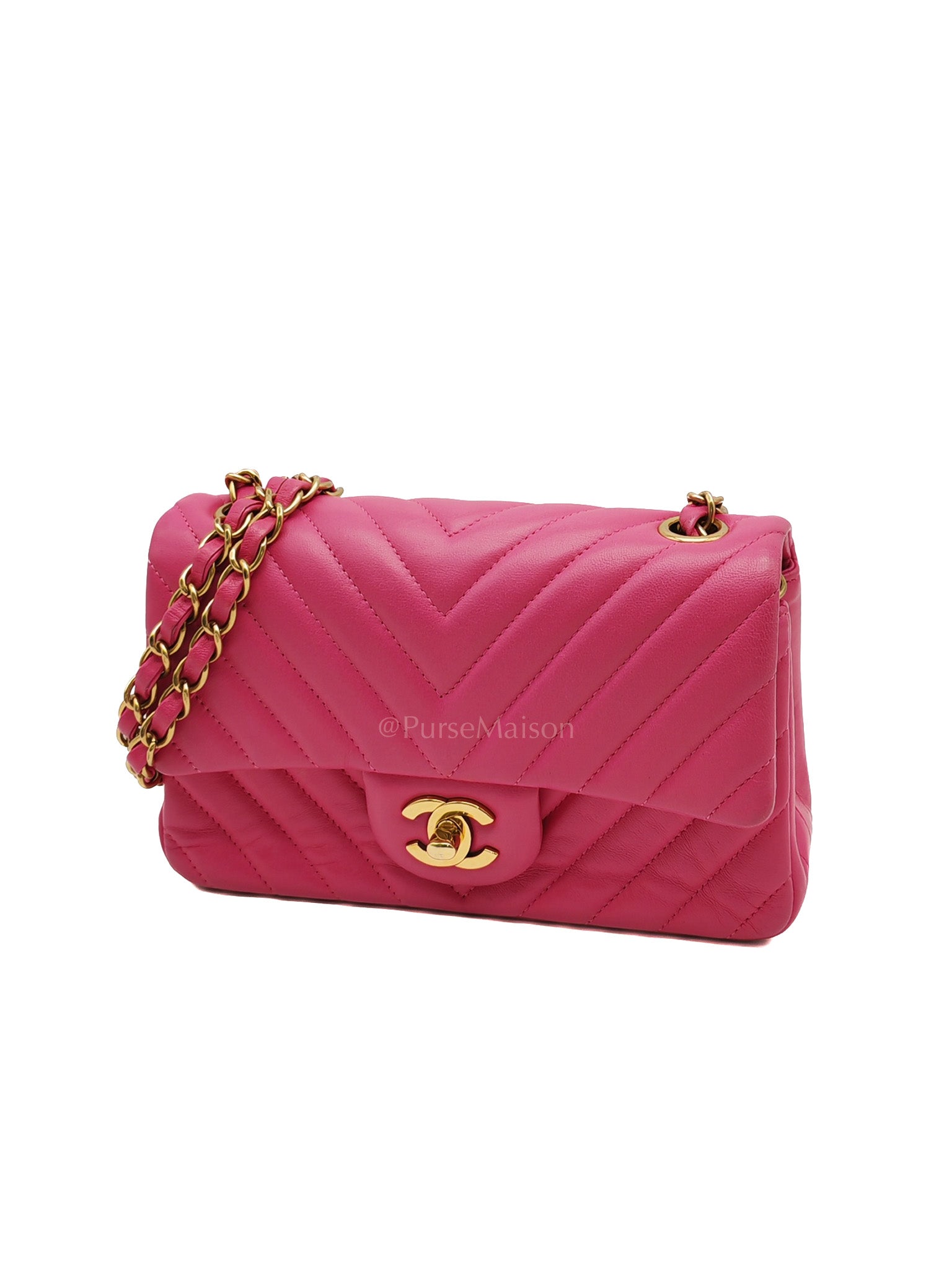 Mini Rectangle in Pink Chevron Quilted Lambskin Leather in Gold Hardware (Series 21) | Purse Maison Luxury Bags Shop