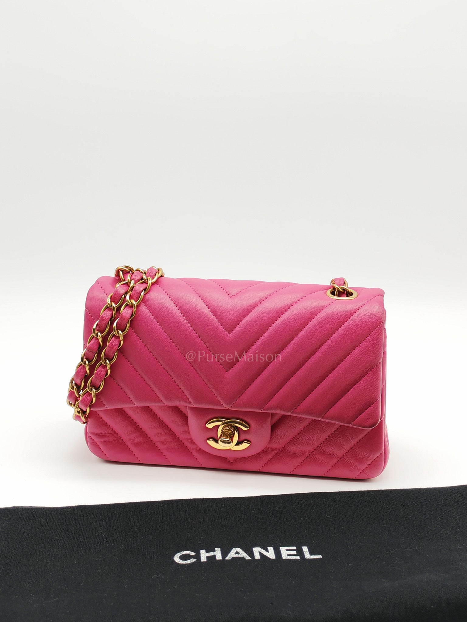 Mini Rectangle in Pink Chevron Quilted Lambskin Leather in Gold Hardware (Series 21) | Purse Maison Luxury Bags Shop
