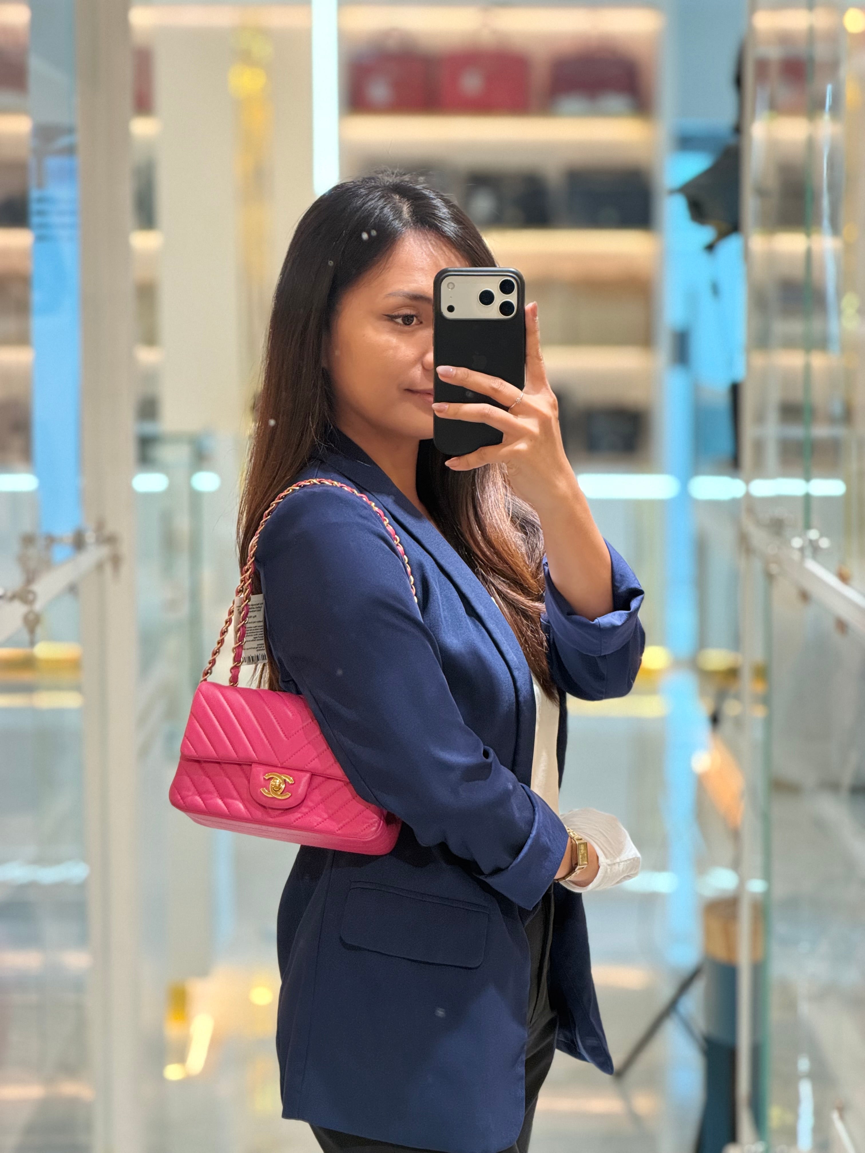 Mini Rectangle in Pink Chevron Quilted Lambskin Leather in Gold Hardware (Series 21) | Purse Maison Luxury Bags Shop