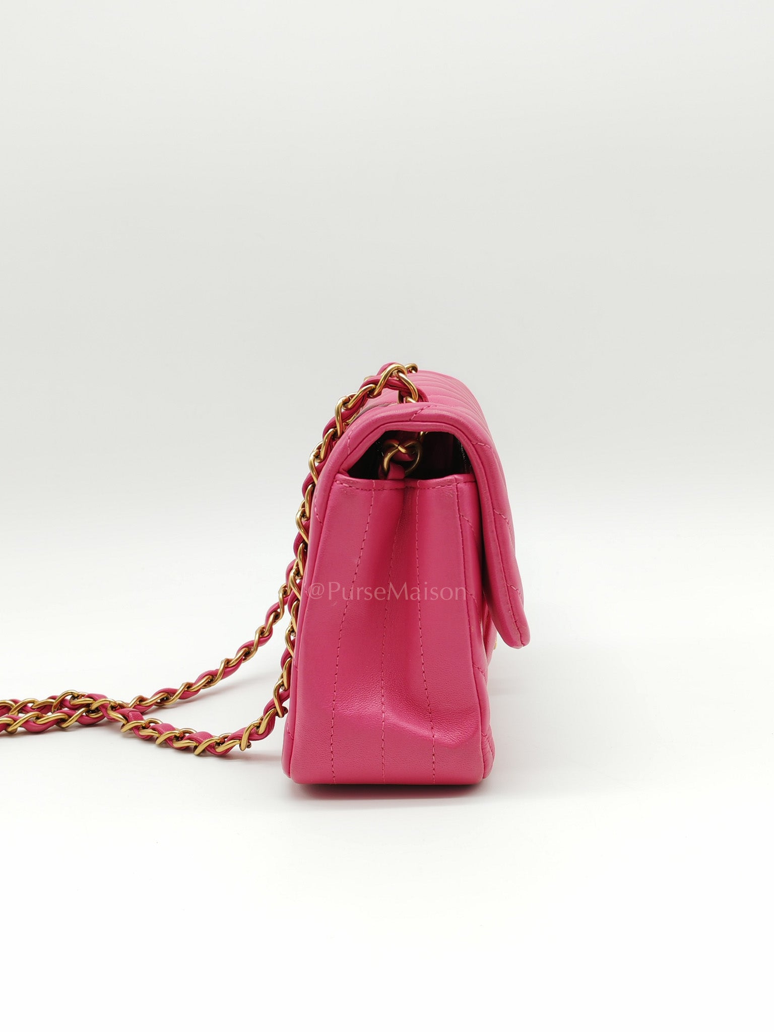 Mini Rectangle in Pink Chevron Quilted Lambskin Leather in Gold Hardware (Series 21) | Purse Maison Luxury Bags Shop