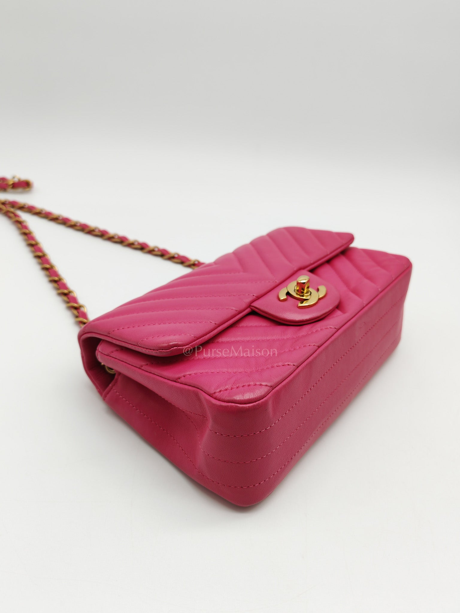 Mini Rectangle in Pink Chevron Quilted Lambskin Leather in Gold Hardware (Series 21) | Purse Maison Luxury Bags Shop