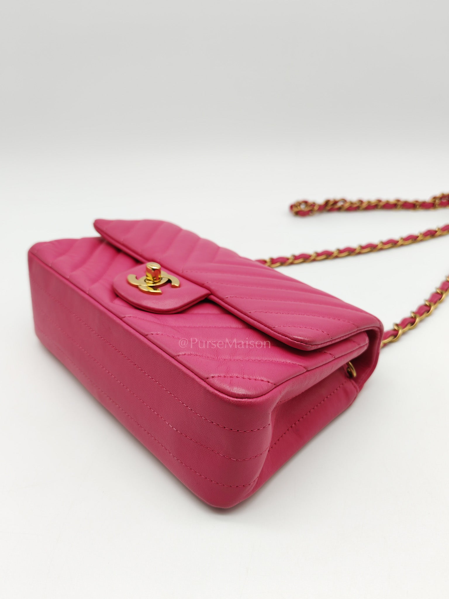 Mini Rectangle in Pink Chevron Quilted Lambskin Leather in Gold Hardware (Series 21) | Purse Maison Luxury Bags Shop