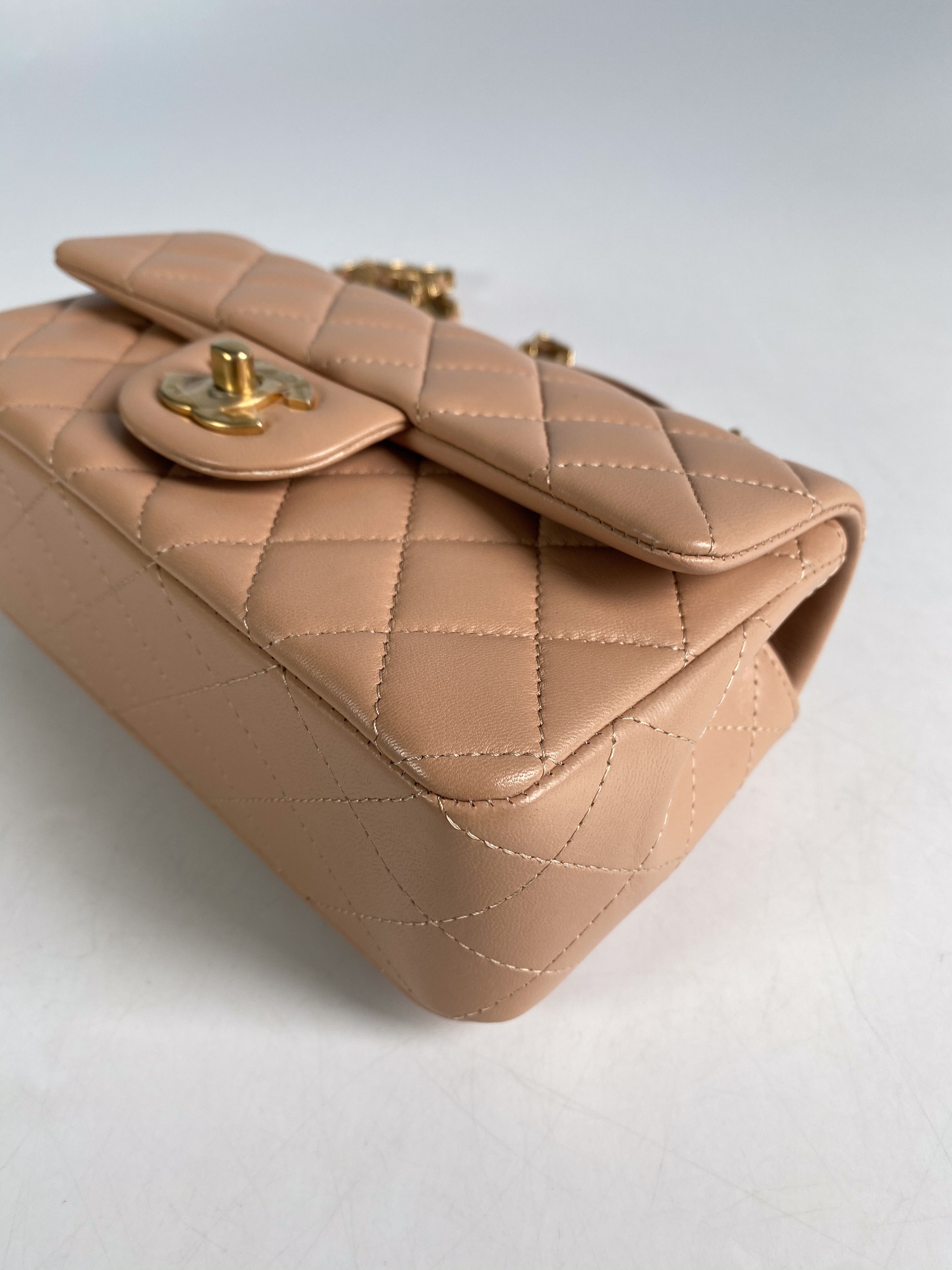 Chanel Mini Rectangle Top Handle 21A Beige Lambskin in Aged Gold Hardware (Microchip)