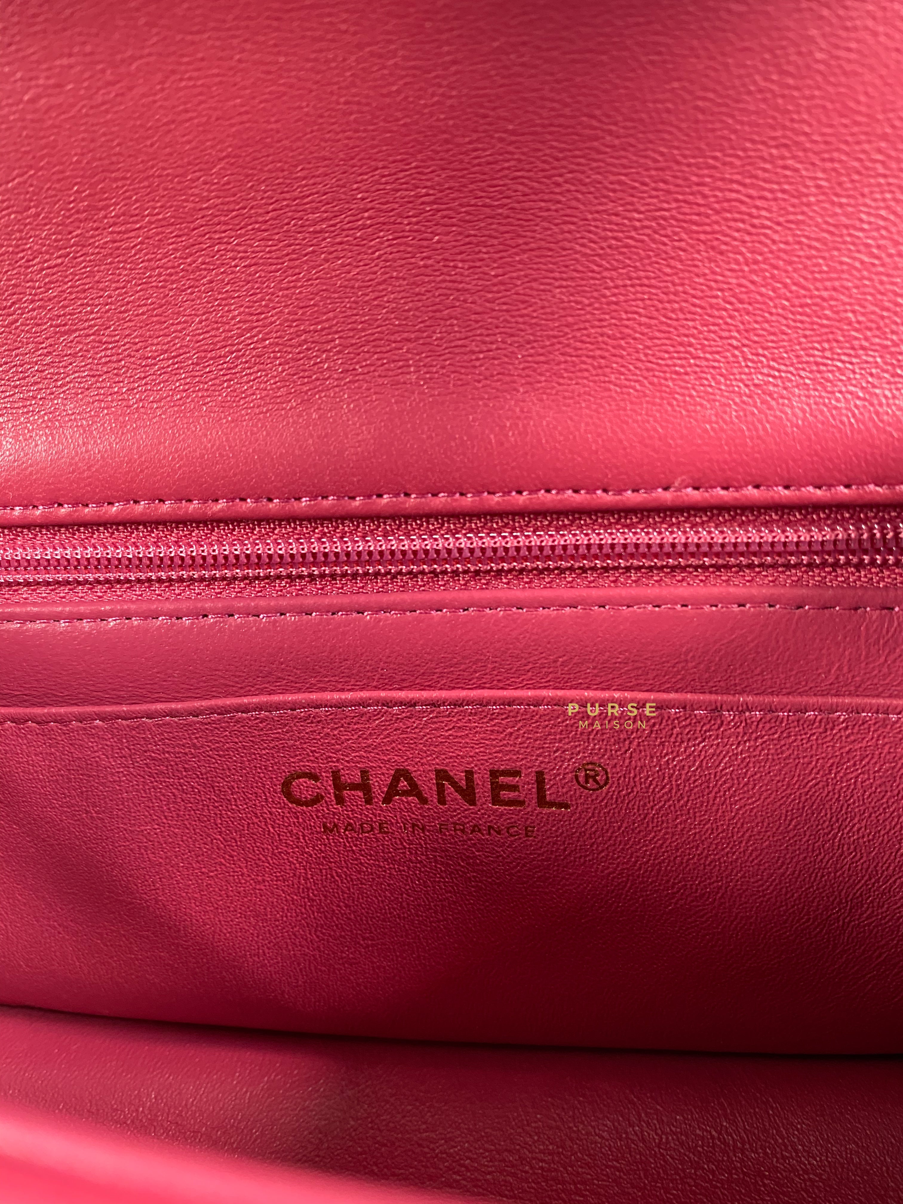 Chanel Mini Rectangle Top Handle 21A Dark Pink Lambskin in Aged Gold Hardware (Microchip) | Purse Maison Luxury Bags Shop