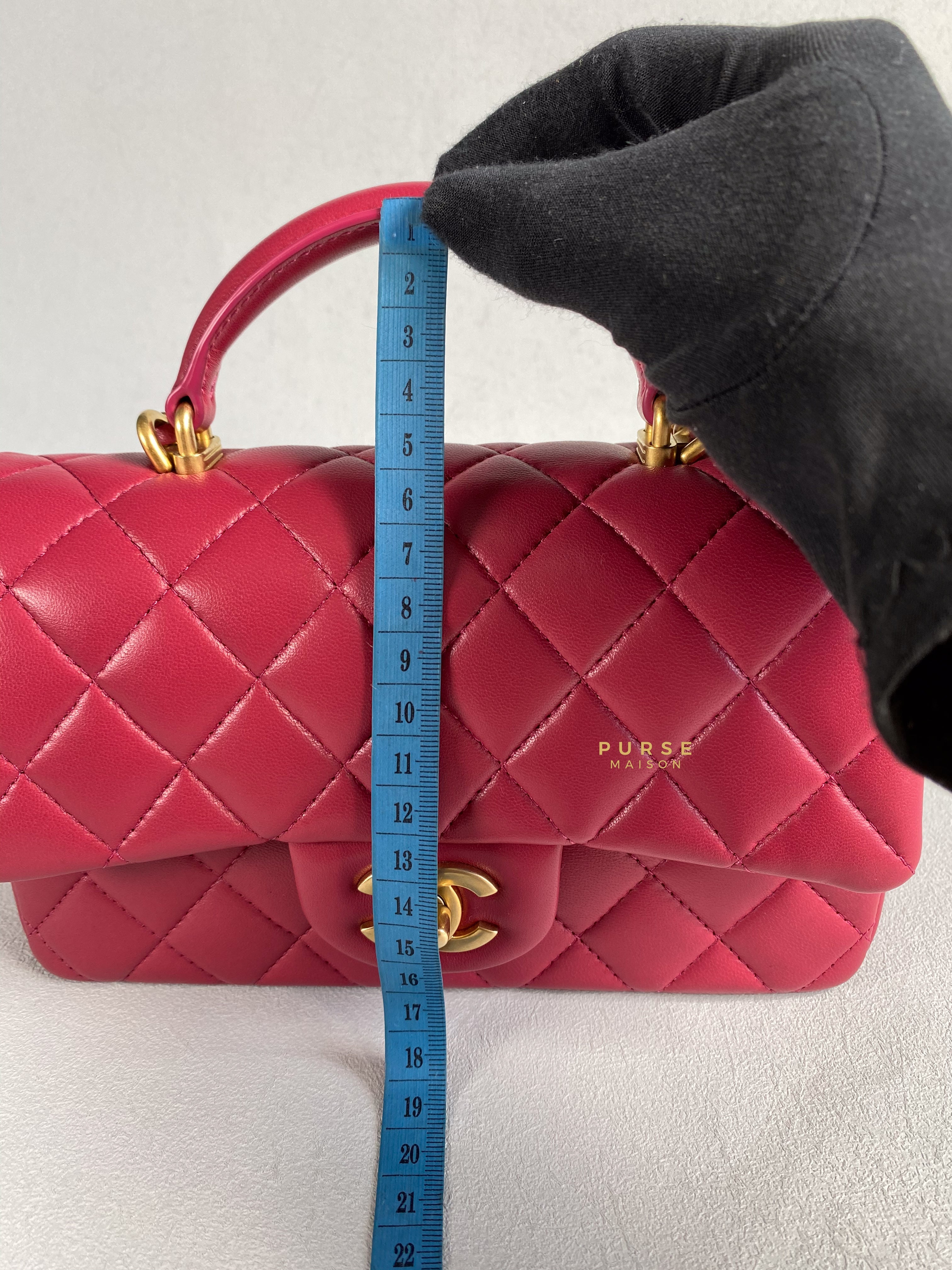 Chanel Mini Rectangle Top Handle 21A Dark Pink Lambskin in Aged Gold Hardware (Microchip) | Purse Maison Luxury Bags Shop