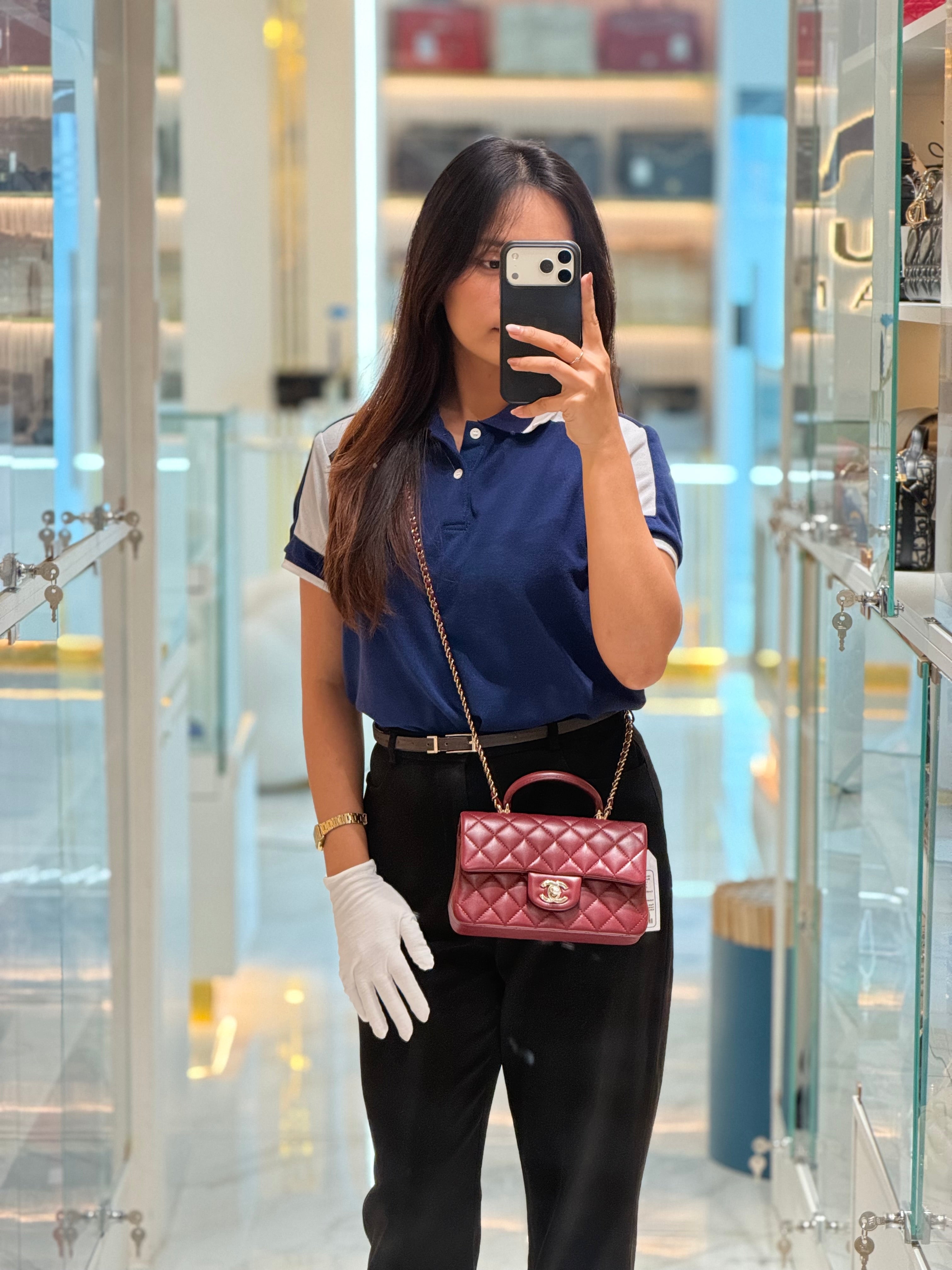 Chanel Mini Rectangle Top Handle in Burgundy Quilted Lambskin Leather and Light Gold Hardware (Microchip) | Purse Maison Luxury Bags Shop