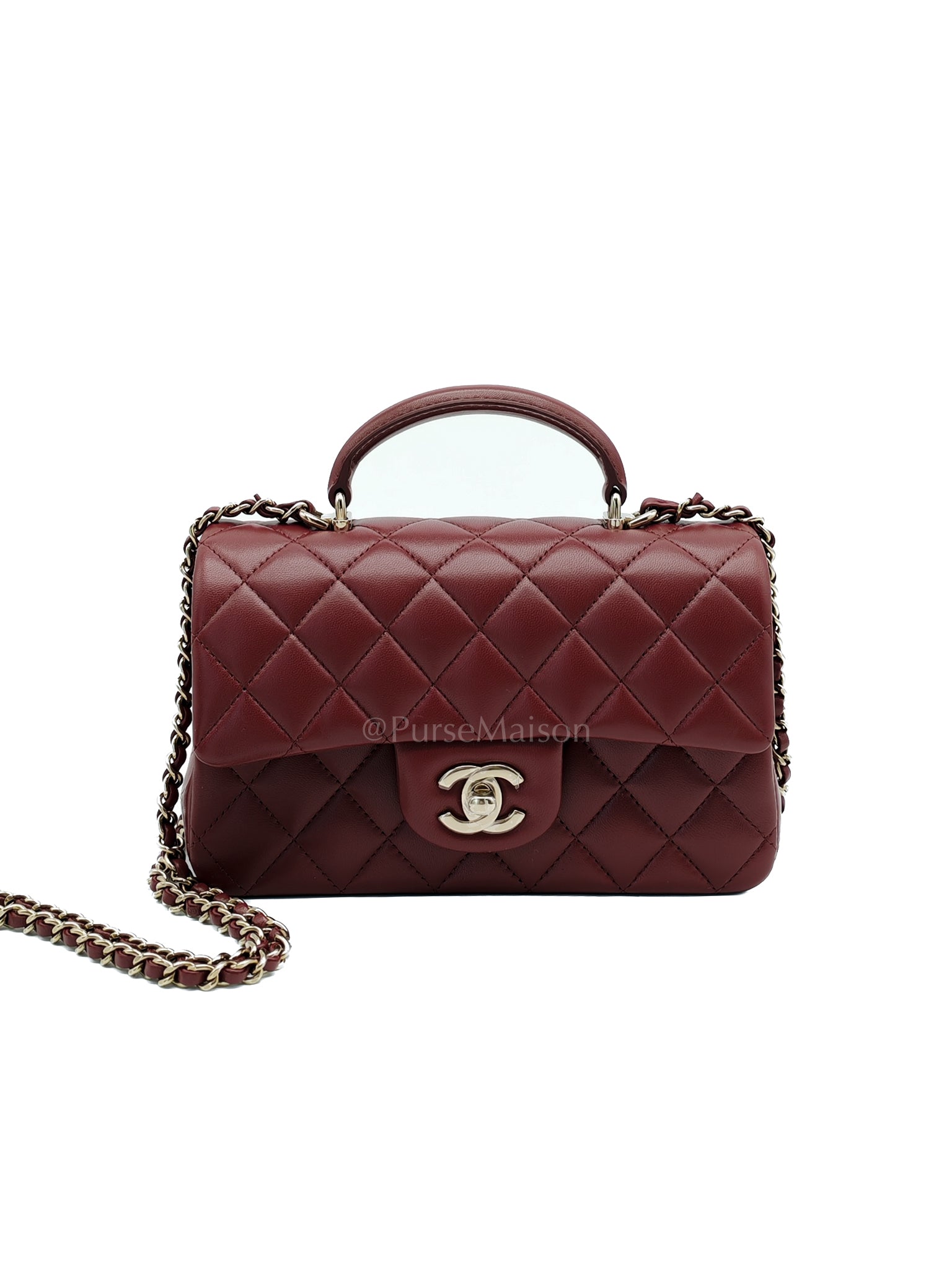 Mini Rectangle Top Handle in Burgundy Quilted Lambskin Leather and Light Gold Hardware (Microchip) | Purse Maison Luxury Bags Shop