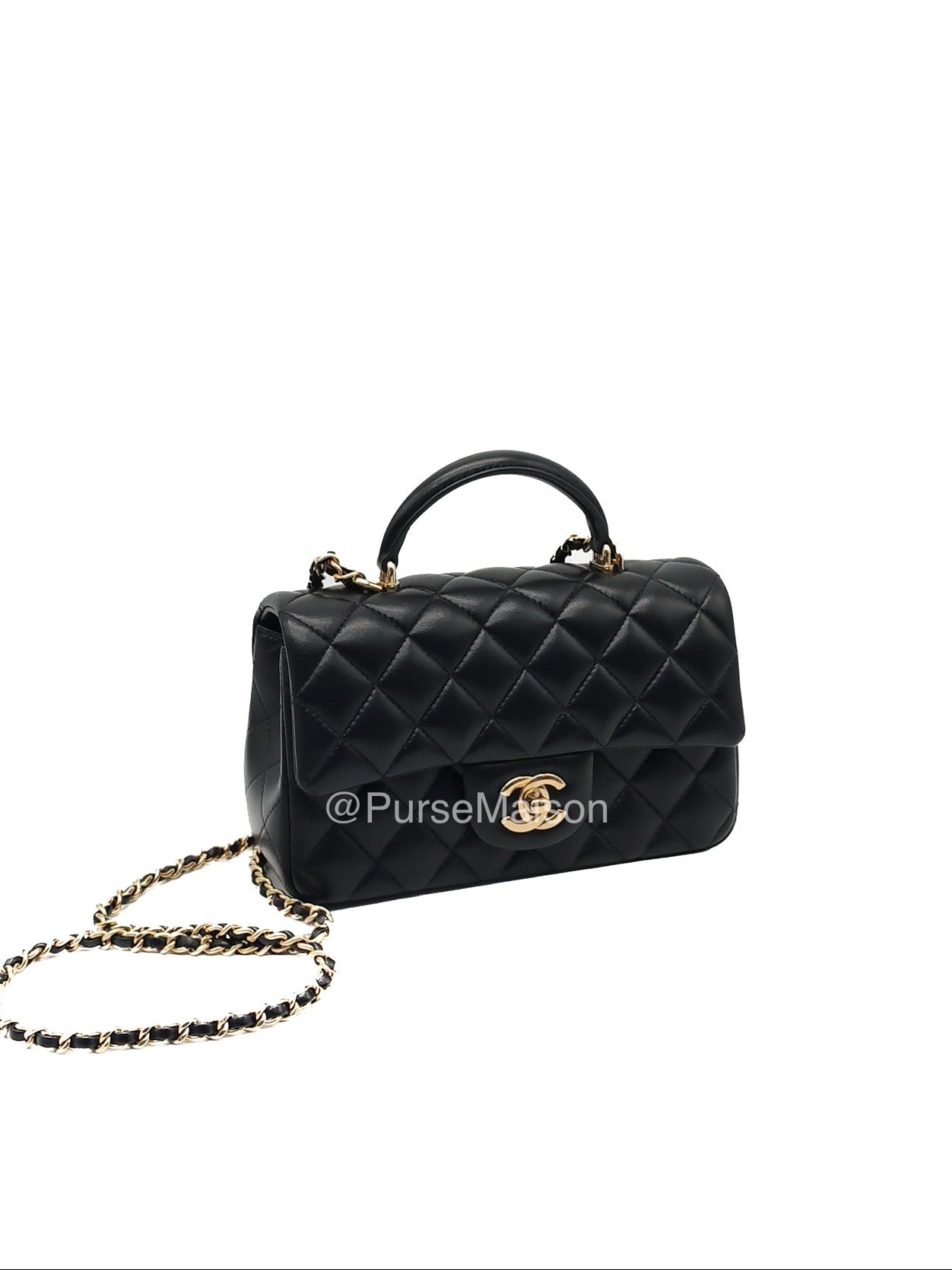 Chanel Mini Rectangular Top Handle Flap Bag in Black Lambskin Leather Light Gold Hardware (Microchip) | Purse Maison Luxury Bags Shop