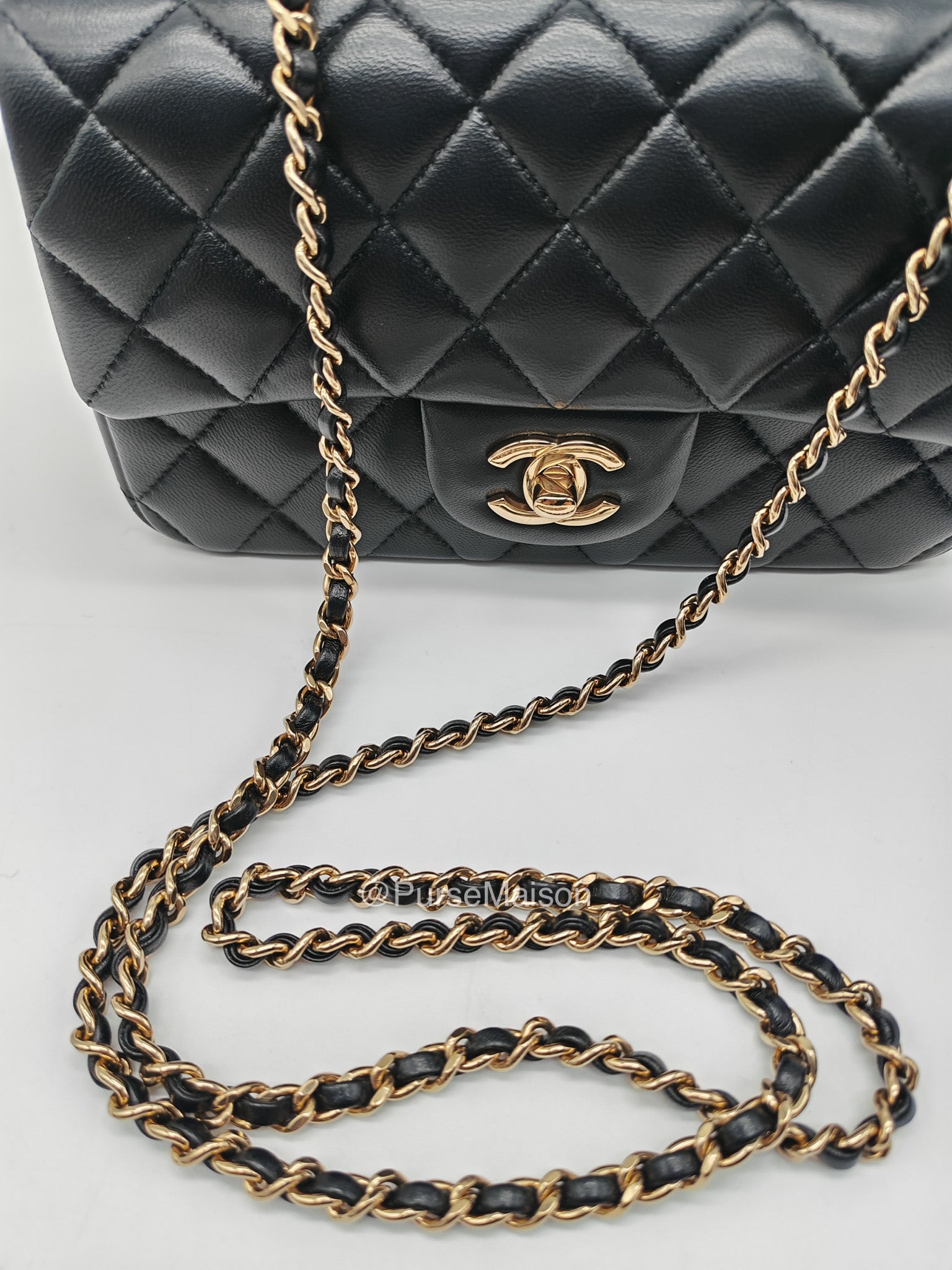 Chanel Mini Rectangular Top Handle Flap Bag in Black Lambskin Leather Light Gold Hardware (Microchip) | Purse Maison Luxury Bags Shop