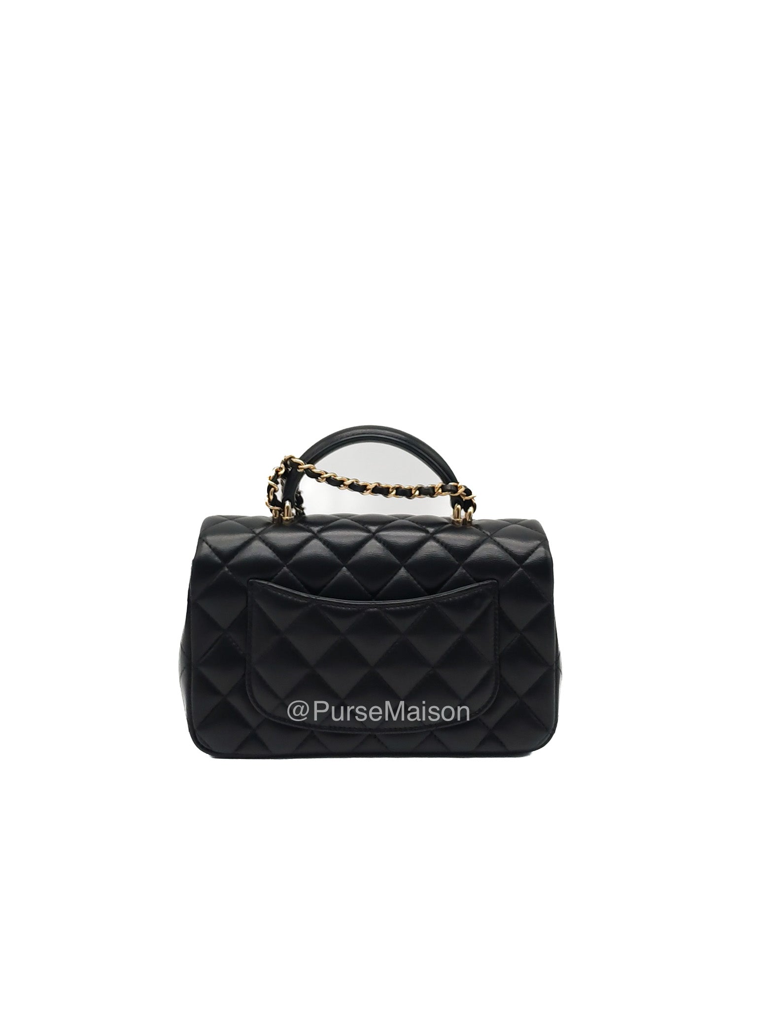 Chanel Mini Rectangular Top Handle Flap Bag in Black Lambskin Leather Light Gold Hardware (Microchip) | Purse Maison Luxury Bags Shop