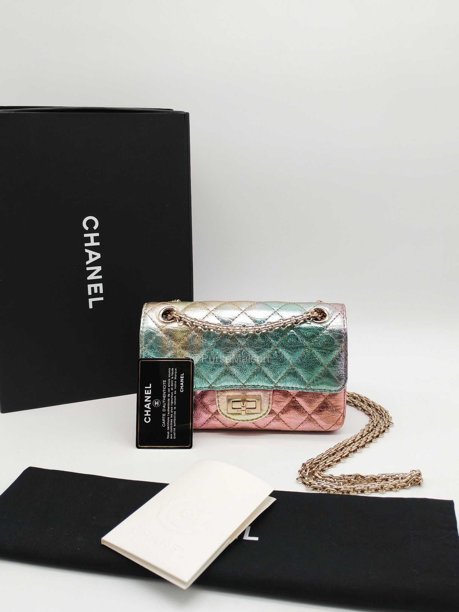 Chanel Mini Reissue 2.55 in Rainbow Metallic Goatskin Leather Light Gold Hardware (Microchip) | Purse Maison Luxury Bags Shop