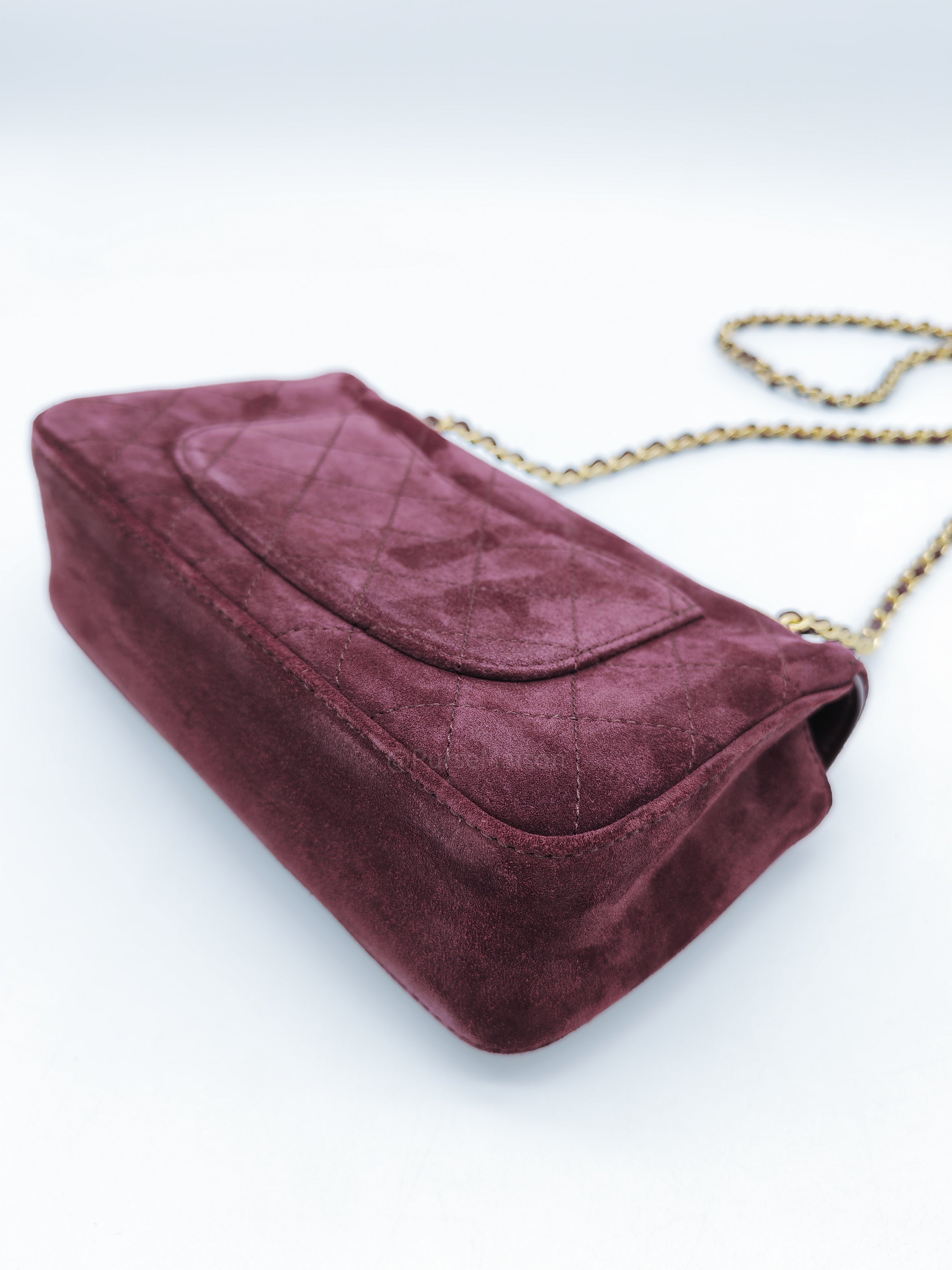 Chanel Mini Souplissimo Flap Bag in Burgundy Suede Calfskin Leather and Gold Hardware Microchip | Purse Maison Luxury Bags Shop