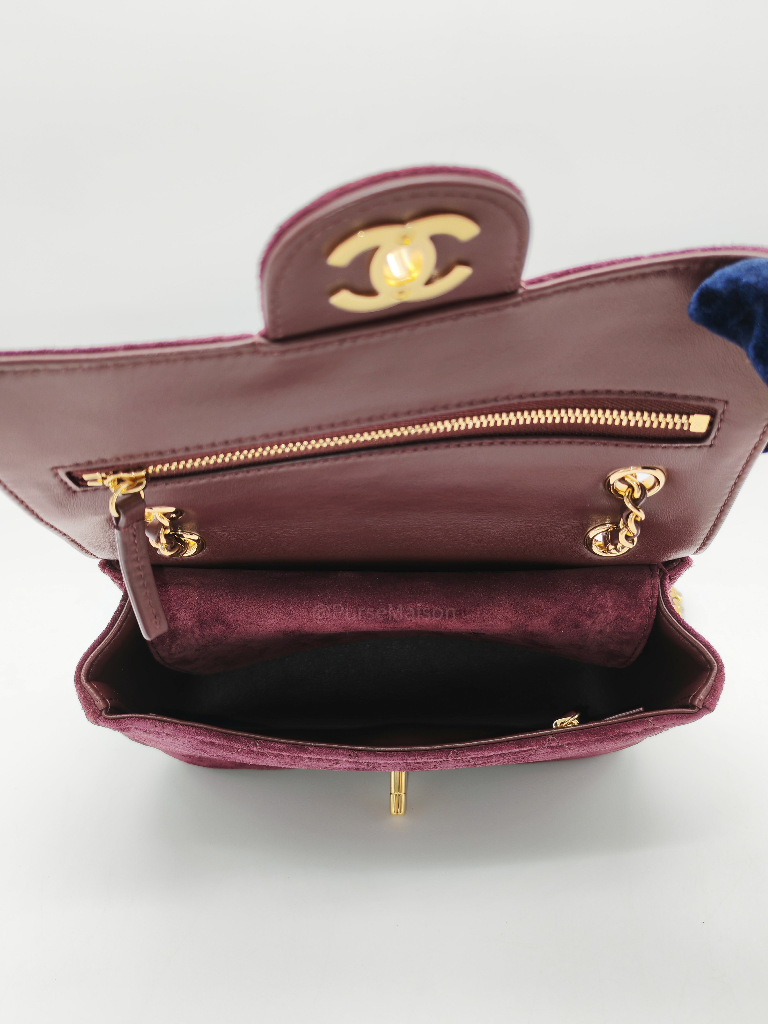 Chanel Mini Souplissimo Flap Bag in Burgundy Suede Calfskin Leather and Gold Hardware Microchip | Purse Maison Luxury Bags Shop