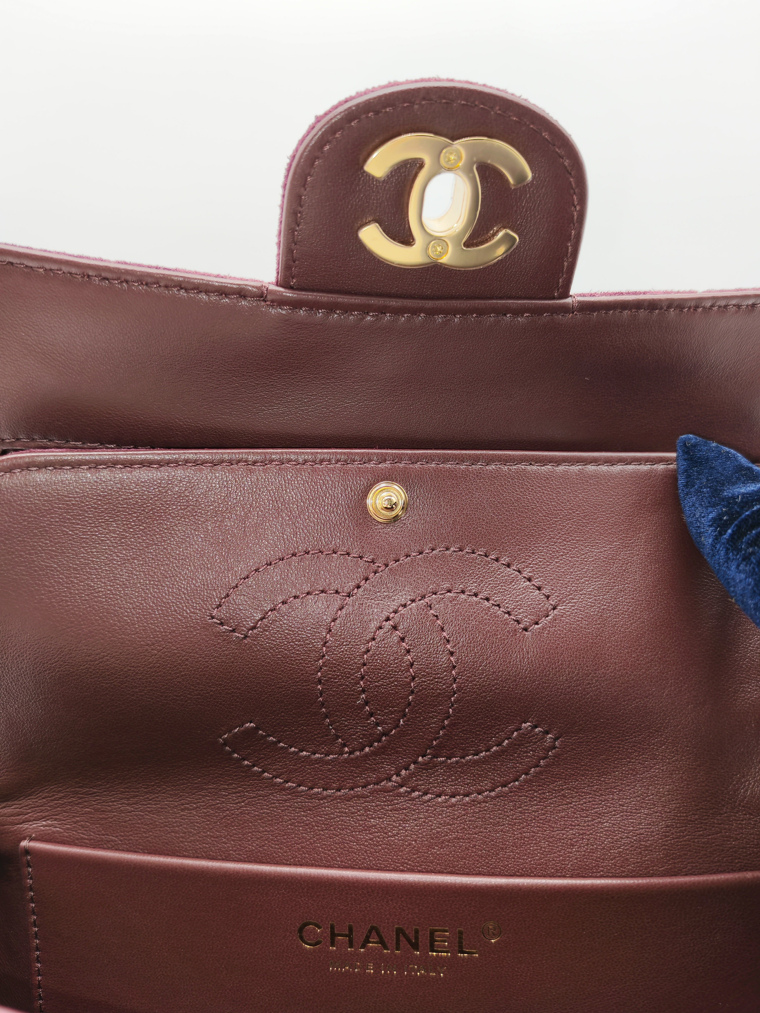 Chanel Mini Souplissimo Flap Bag in Burgundy Suede Calfskin Leather and Gold Hardware Microchip | Purse Maison Luxury Bags Shop