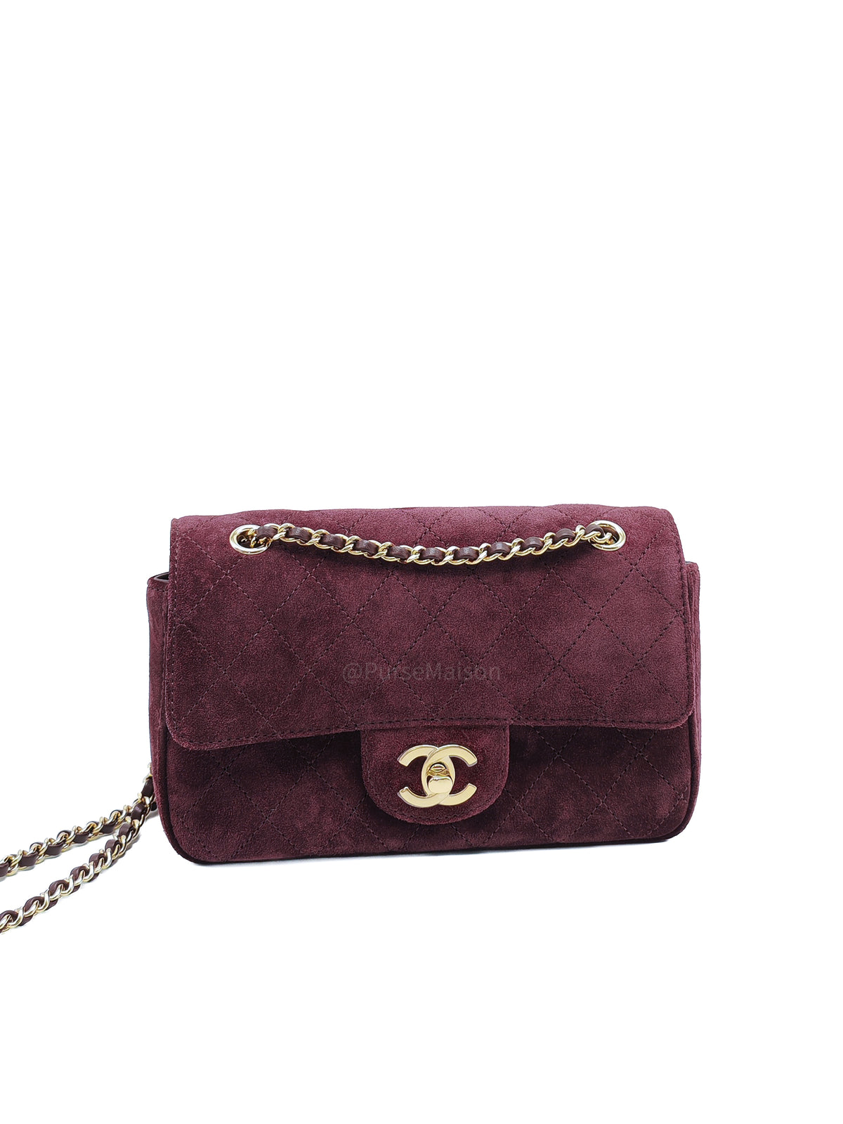 Chanel Mini Souplissimo Flap Bag in Burgundy Suede Calfskin Leather and Gold Hardware Microchip | Purse Maison Luxury Bags Shop