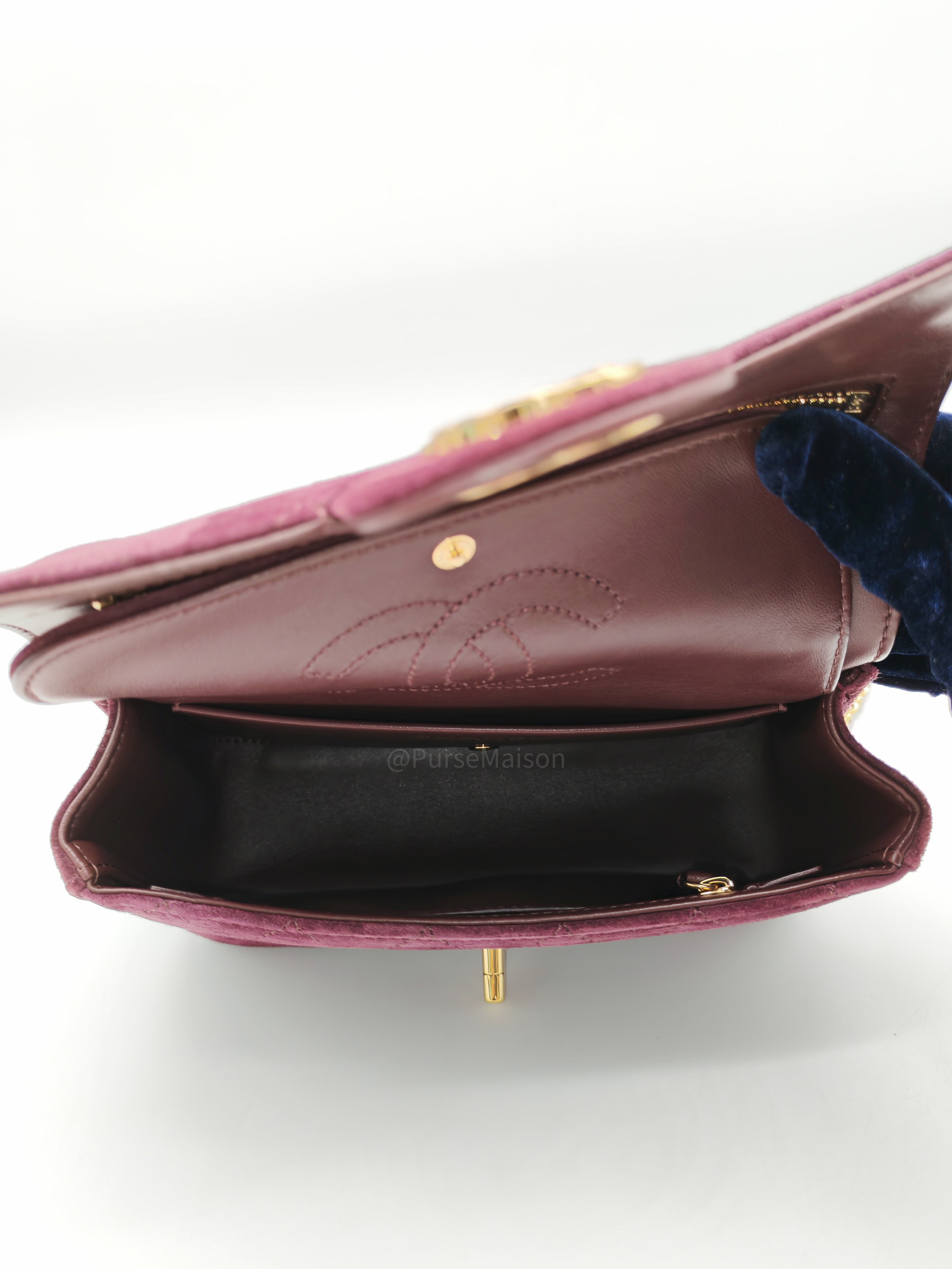 Chanel Mini Souplissimo Flap Bag in Burgundy Suede Calfskin Leather and Gold Hardware Microchip | Purse Maison Luxury Bags Shop