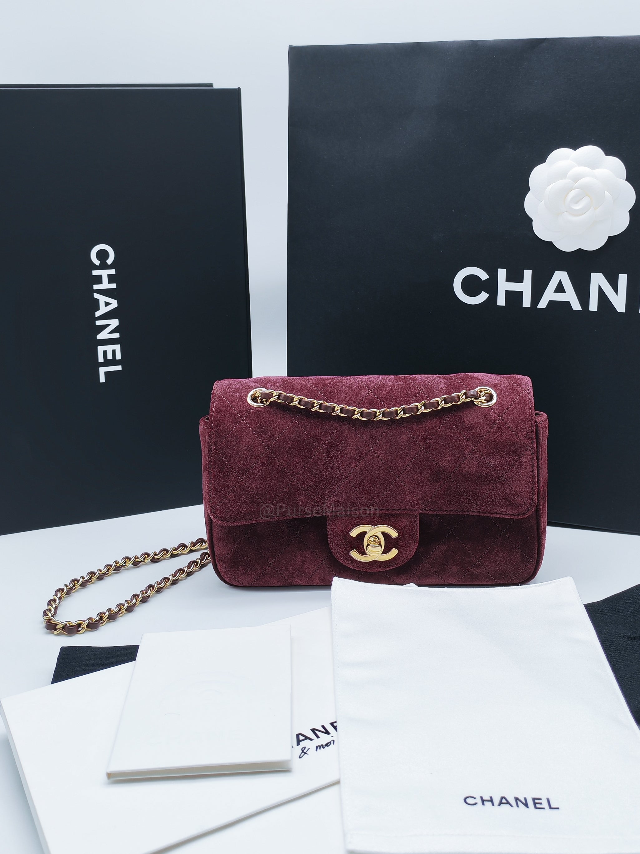 Chanel Mini Souplissimo Flap Bag in Burgundy Suede Calfskin Leather and Gold Hardware Microchip | Purse Maison Luxury Bags Shop
