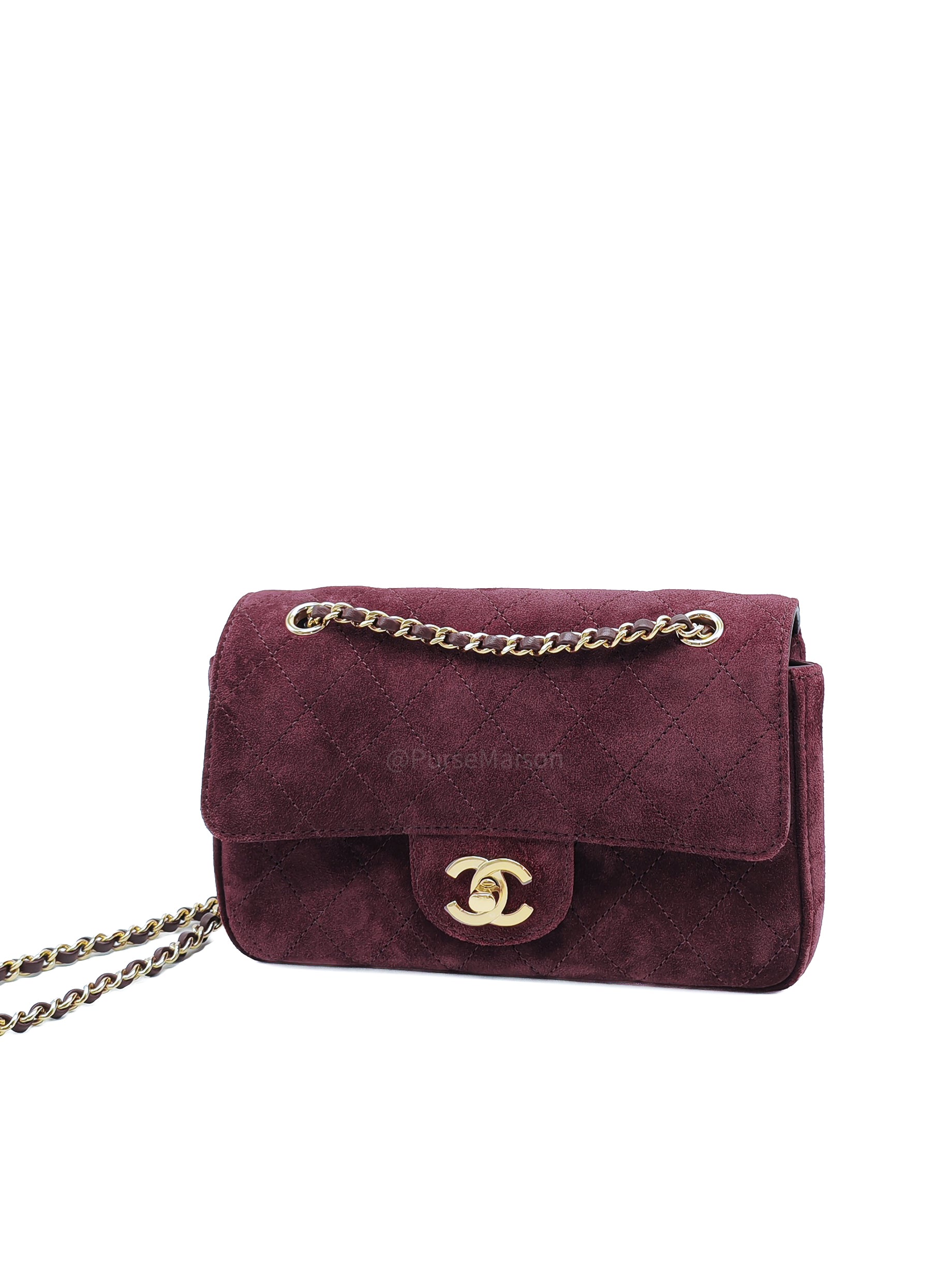 Chanel Mini Souplissimo Flap Bag in Burgundy Suede Calfskin Leather and Gold Hardware Microchip | Purse Maison Luxury Bags Shop