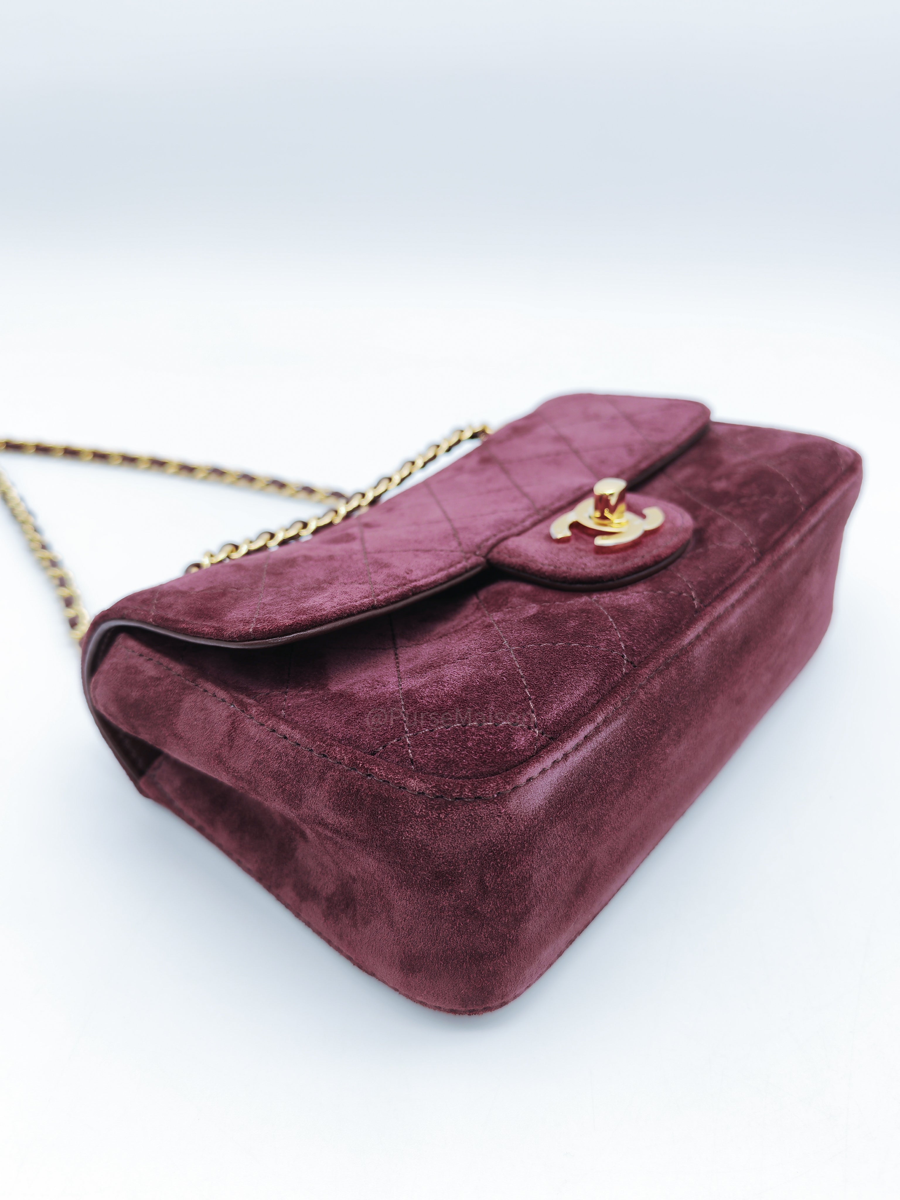 Chanel Mini Souplissimo Flap Bag in Burgundy Suede Calfskin Leather and Gold Hardware Microchip | Purse Maison Luxury Bags Shop