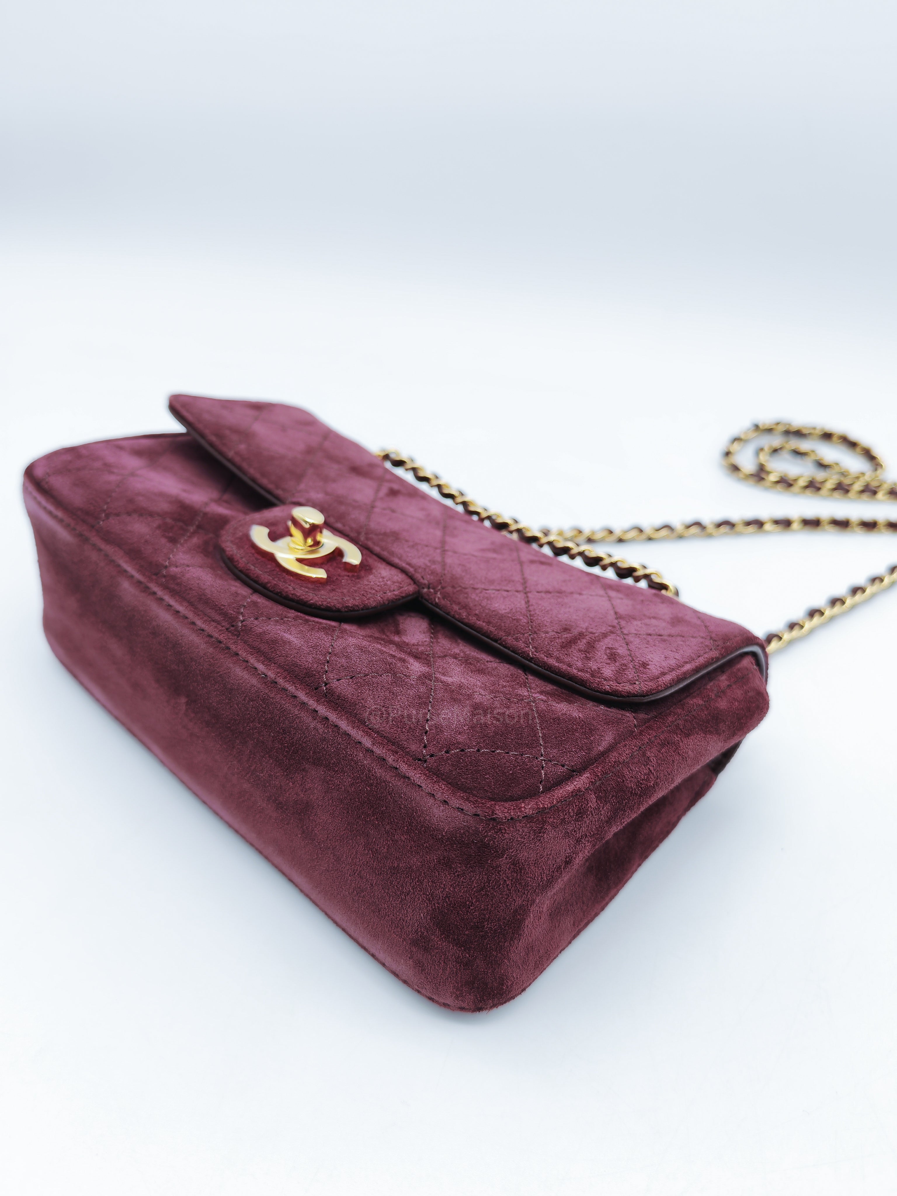 Chanel Mini Souplissimo Flap Bag in Burgundy Suede Calfskin Leather and Gold Hardware Microchip | Purse Maison Luxury Bags Shop