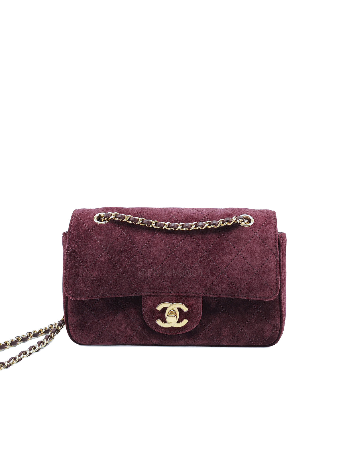 Chanel Mini Souplissimo Flap Bag in Burgundy Suede Calfskin Leather and Gold Hardware Microchip | Purse Maison Luxury Bags Shop