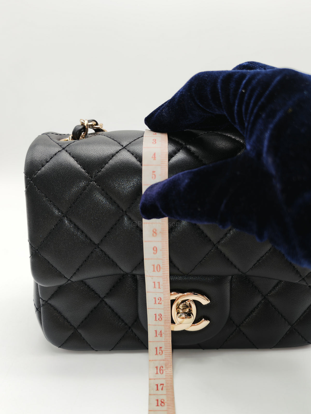 Chanel Mini Square Bag in Black Quilted Lambskin Leather Soccer Ball Pearl Crush in Light Gold Hardware (Microchip) | Purse Maison Luxury Bags Shop