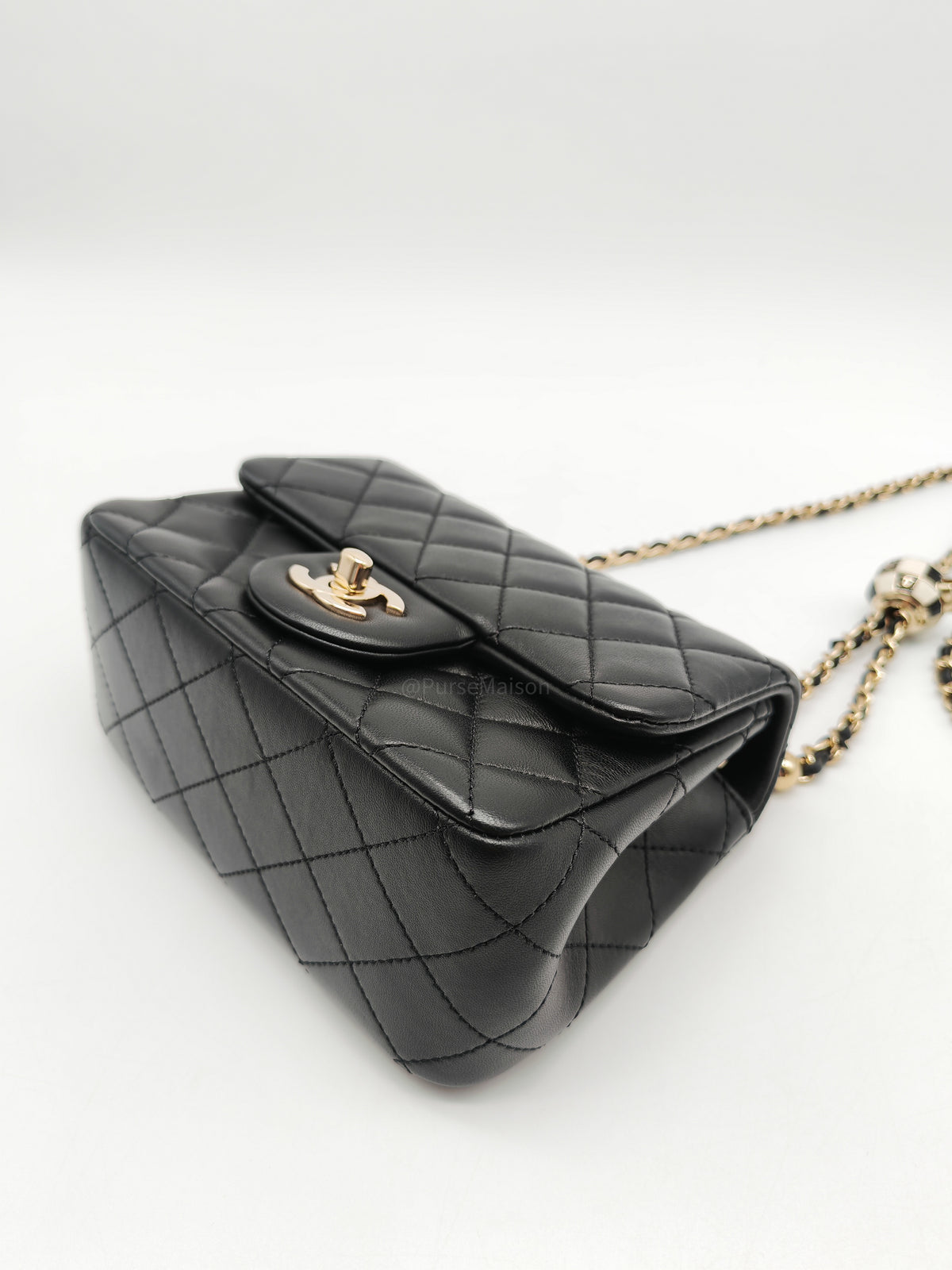 Chanel Mini Square Bag in Black Quilted Lambskin Leather Soccer Ball Pearl Crush in Light Gold Hardware (Microchip) | Purse Maison Luxury Bags Shop