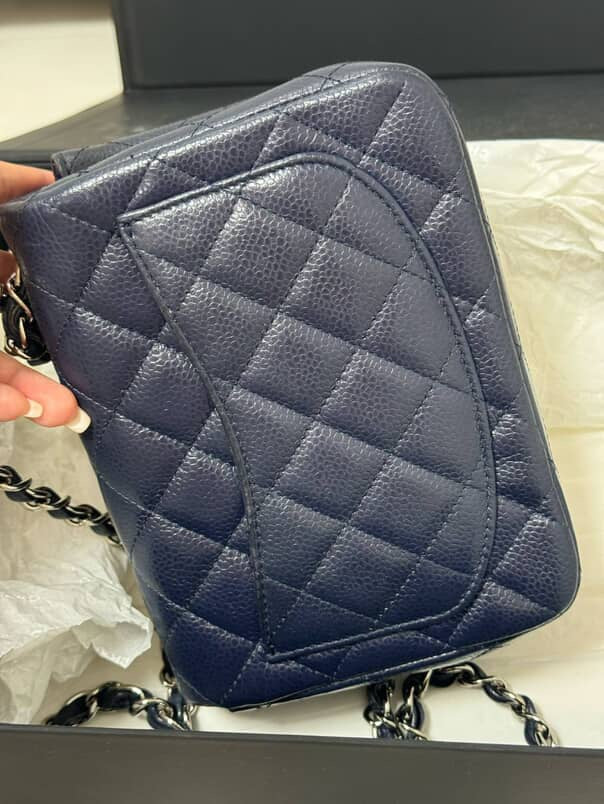 Chanel Mini Square Dark Blue Chevron Caviar and Silver Hardware (Series 18) | Purse Maison Luxury Bags Shop