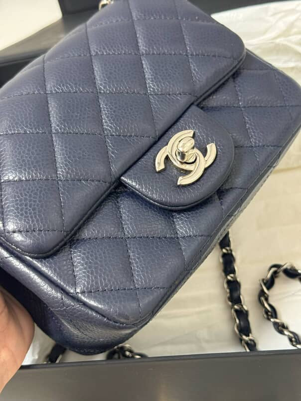 Chanel Mini Square Dark Blue Chevron Caviar and Silver Hardware (Series 18) | Purse Maison Luxury Bags Shop