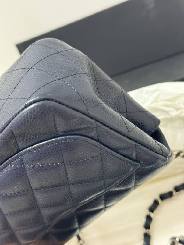Chanel Mini Square Dark Blue Chevron Caviar and Silver Hardware (Series 18) | Purse Maison Luxury Bags Shop