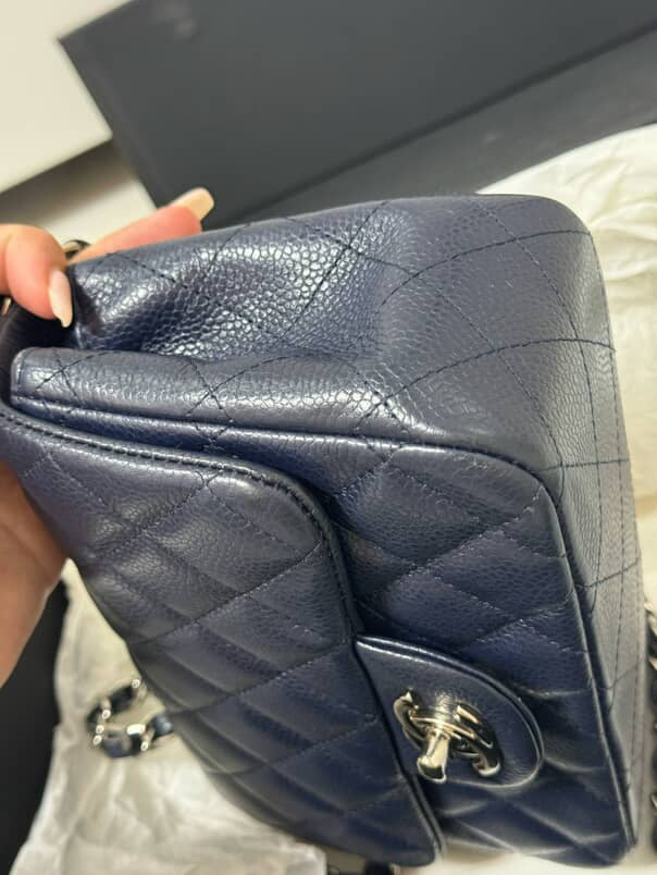 Chanel Mini Square Dark Blue Chevron Caviar and Silver Hardware (Series 18) | Purse Maison Luxury Bags Shop