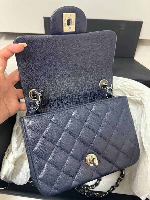 Chanel Mini Square Dark Blue Chevron Caviar and Silver Hardware (Series 18) | Purse Maison Luxury Bags Shop