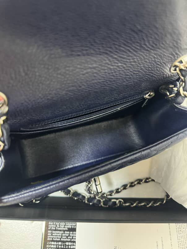 Chanel Mini Square Dark Blue Chevron Caviar and Silver Hardware (Series 18) | Purse Maison Luxury Bags Shop