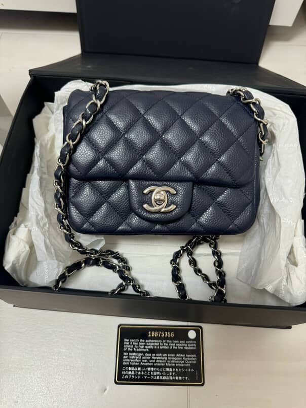 Chanel Mini Square Dark Blue Chevron Caviar and Silver Hardware (Series 18) | Purse Maison Luxury Bags Shop