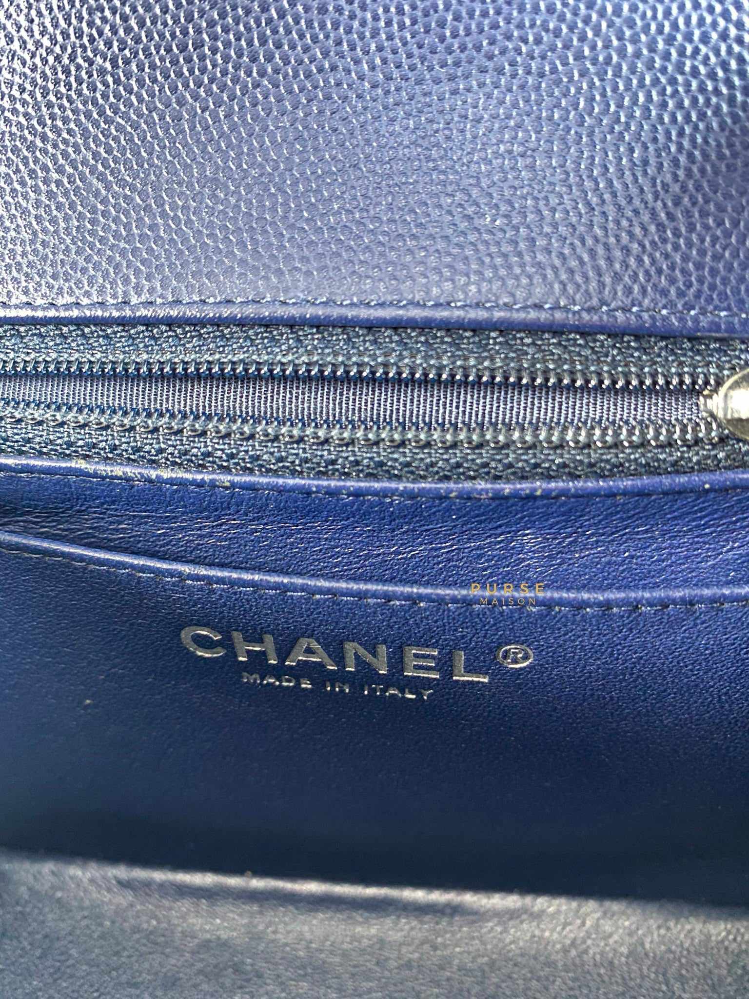 Chanel Mini Square Dark Blue Chevron Caviar and Silver Hardware (Series 22)
