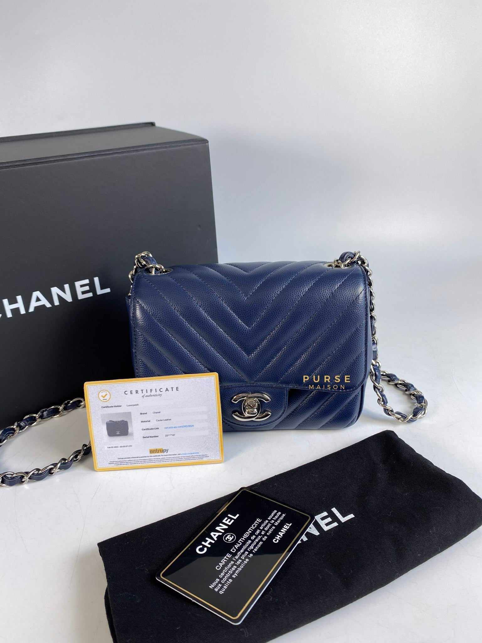 Chanel Mini Square Dark Blue Chevron Caviar and Silver Hardware (Series 22)