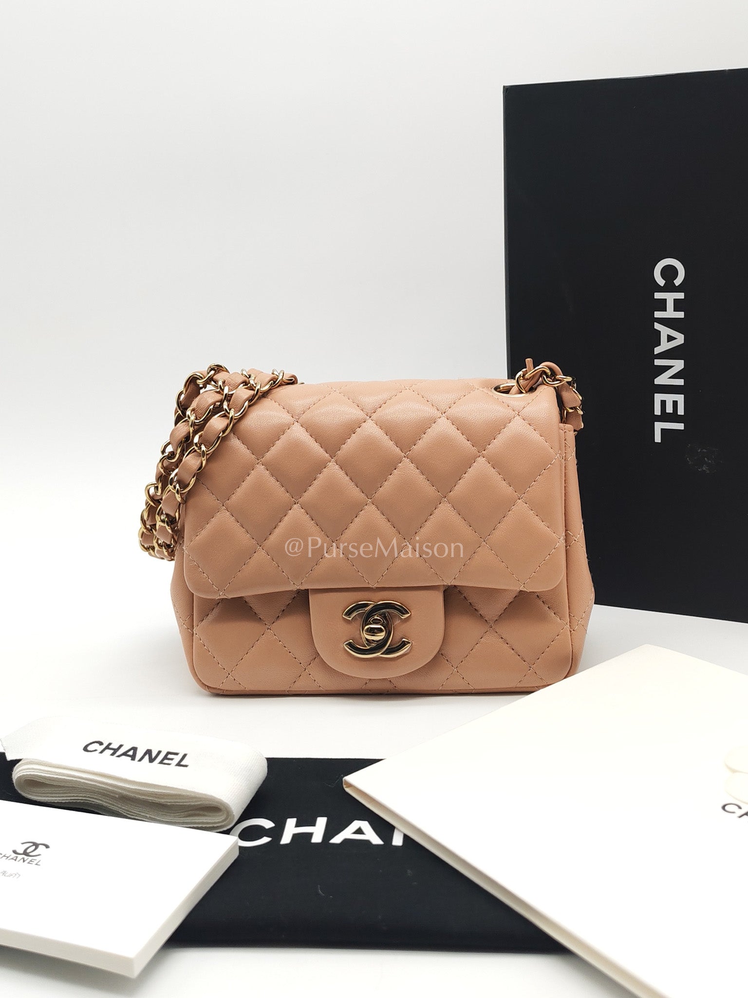 Chanel Mini Square Flap Bag in Dark Beige Light Gold Hardware (Microchip) | Purse Maison Luxury Bags Shop