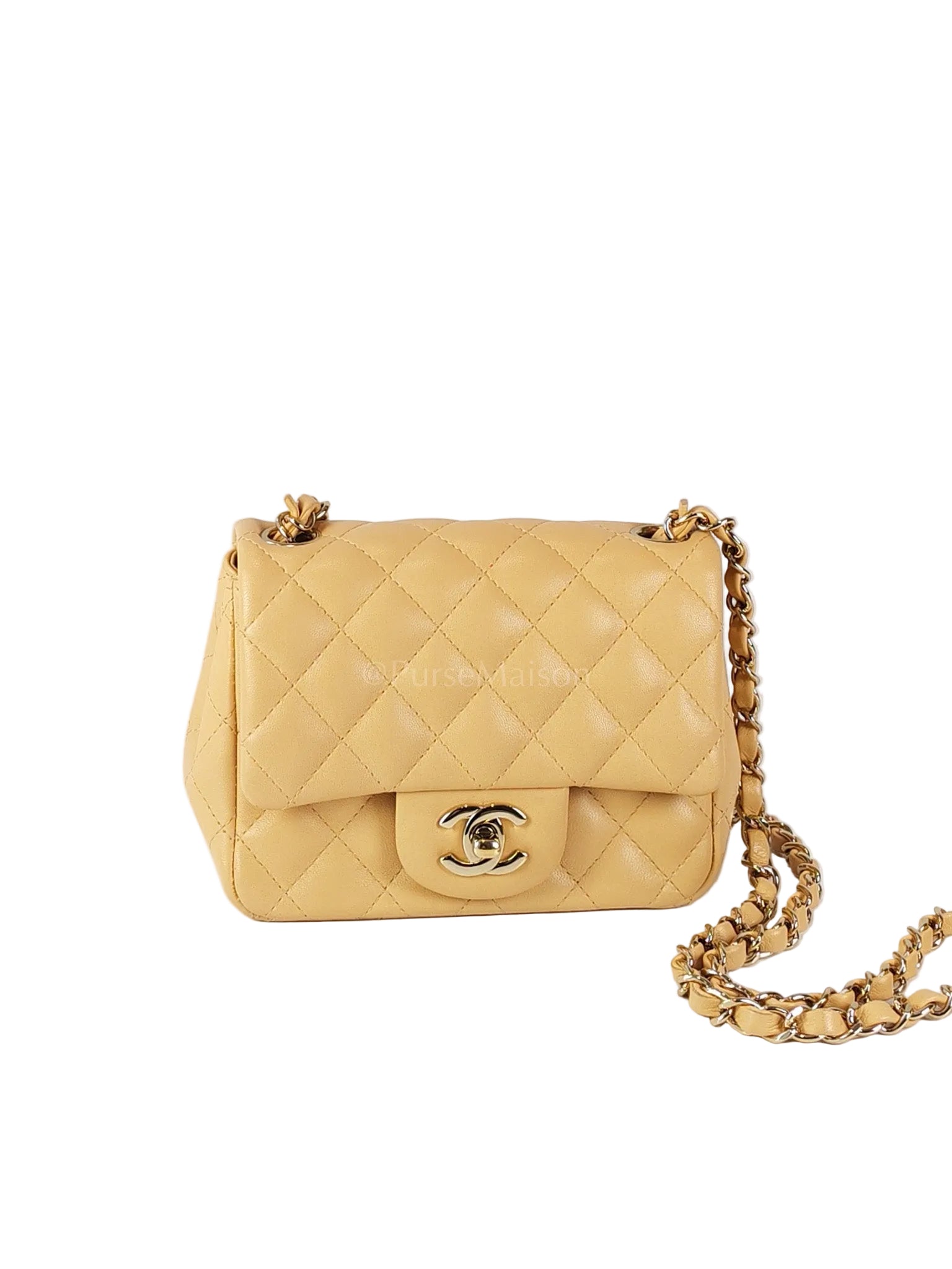 Mini Square in Beige Lambskin Leather and Light Gold Hardware(Microchip) | Purse Maison Luxury Bags Shop