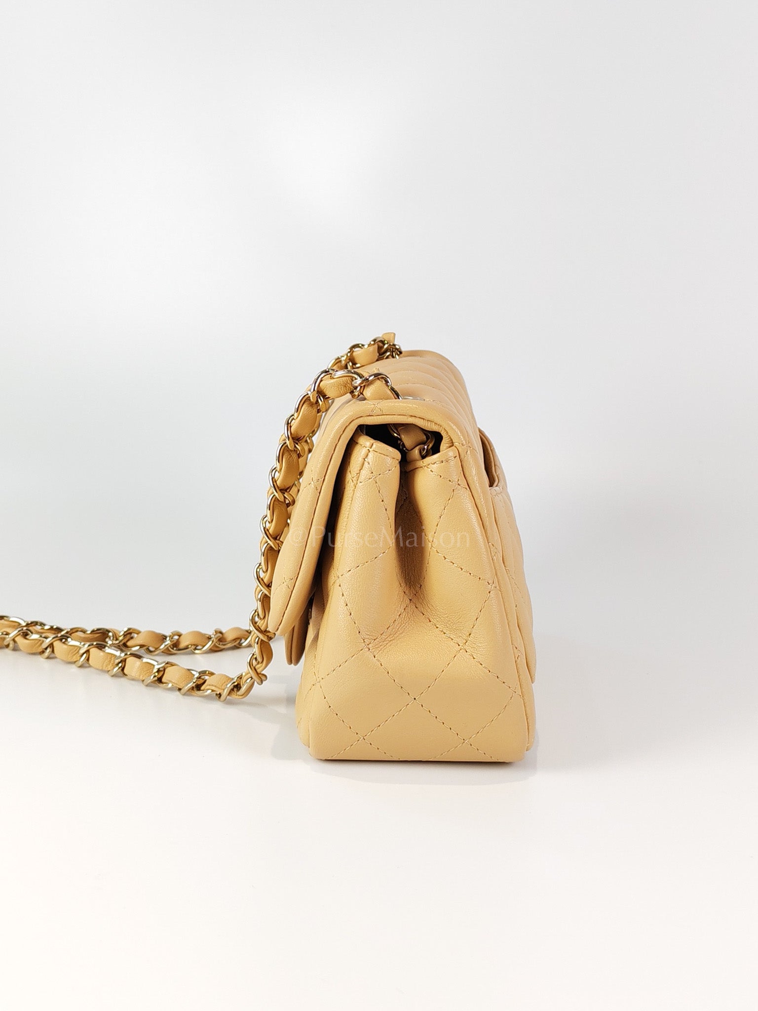 Mini Square in Beige Lambskin Leather and Light Gold Hardware(Microchip) | Purse Maison Luxury Bags Shop