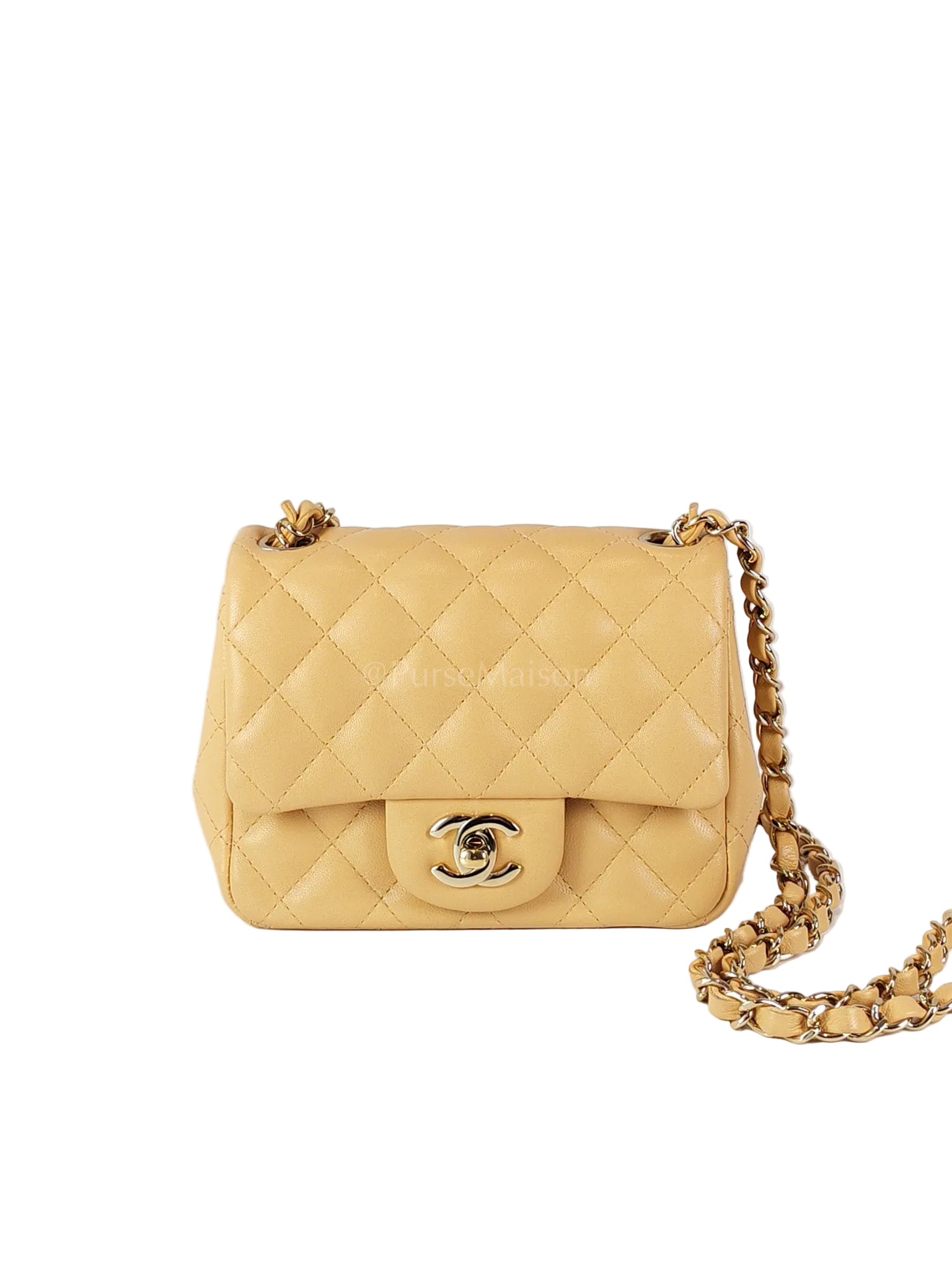 Mini Square in Beige Lambskin Leather and Light Gold Hardware(Microchip) | Purse Maison Luxury Bags Shop