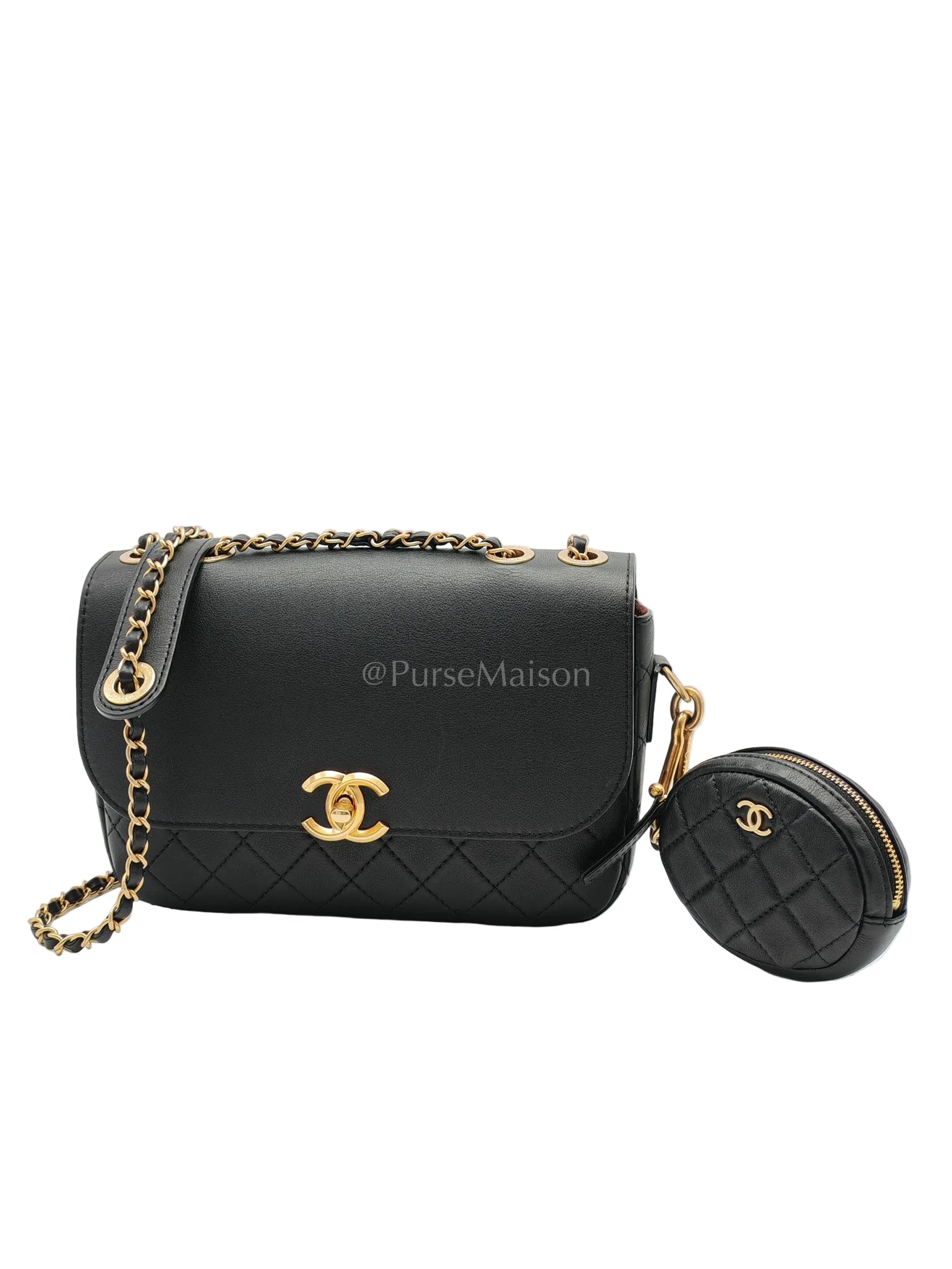 Multi-Pouching Flap Bag with Coin Purse in Black Calfskin Leather and Aged Gold Hardware Series 28 | Purse Maison Luxury Bags Shop