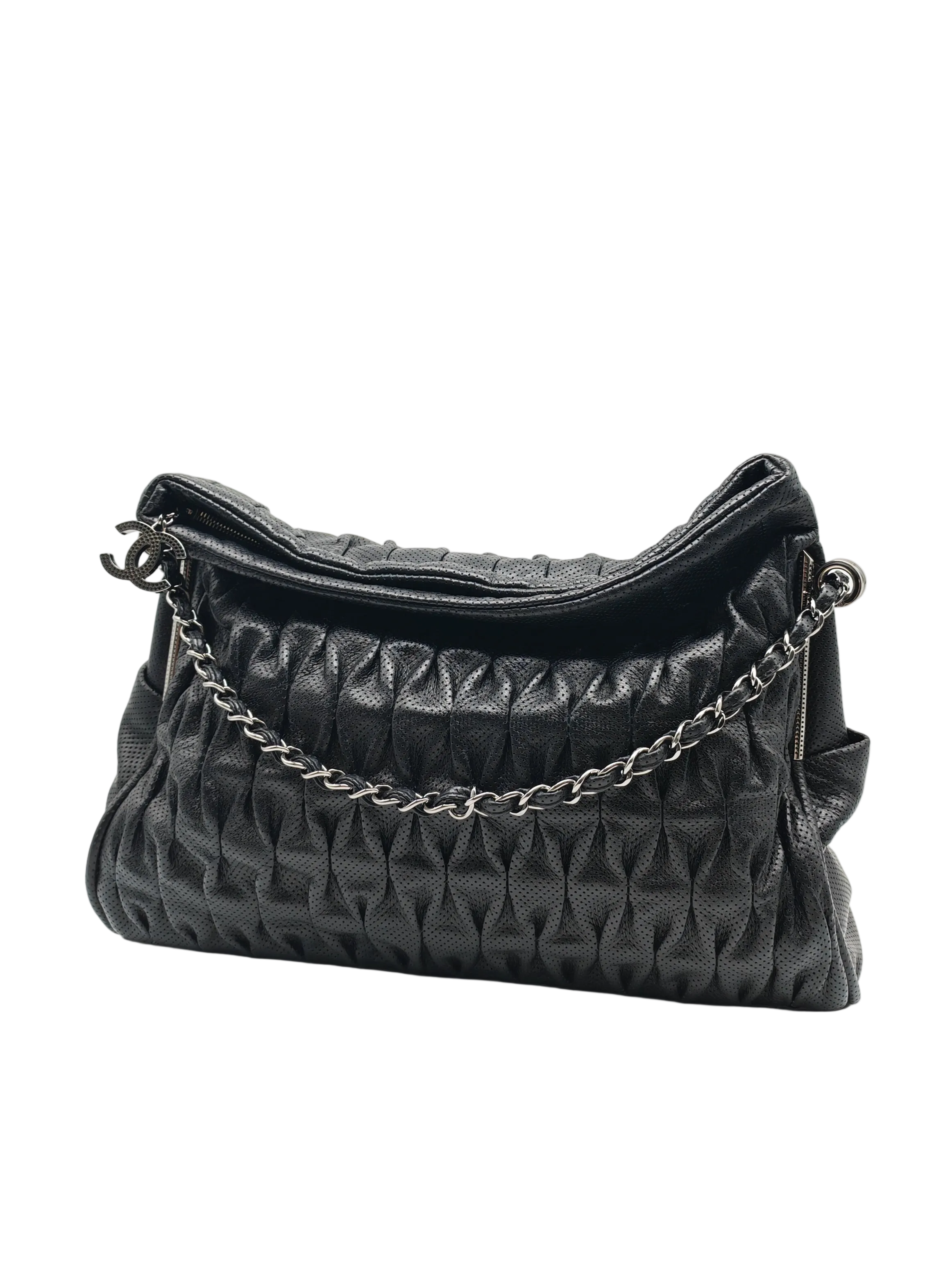 Chanel Perforated Ultimate Soft Hobo Bag in Black and Silver Hardware Series 12 | Purse Maison Luxury Bags Shop