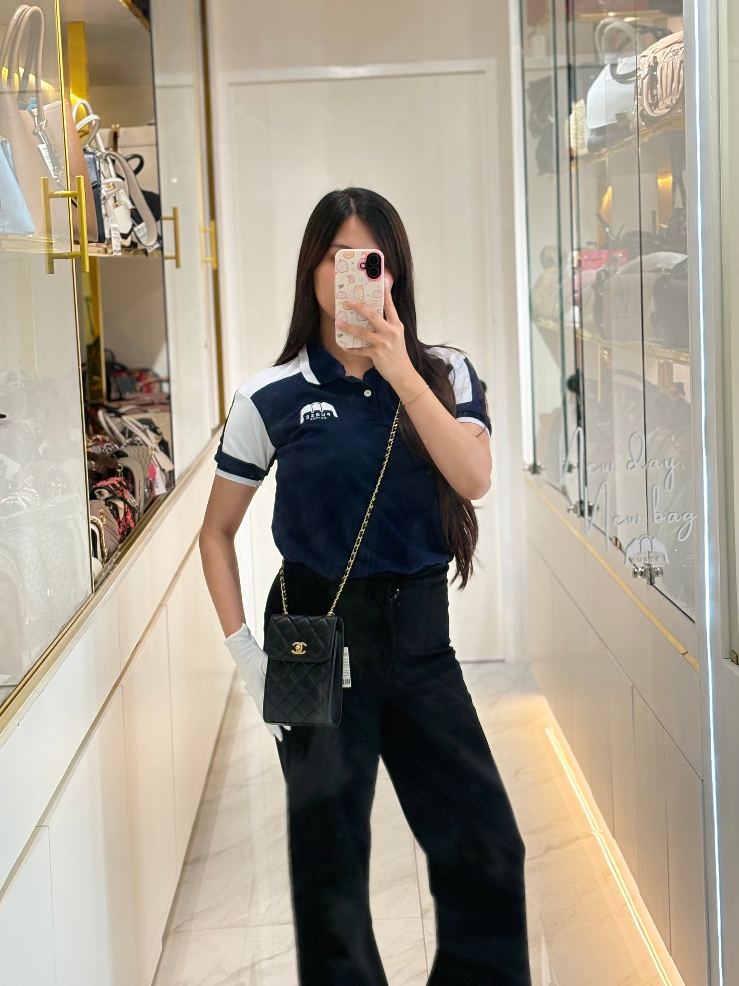 Chanel Phone Holder Pearl Crush Black Lambskin Leather in Aged Gold Hardware (Series 30) | Purse Maison Luxury Bags Shop