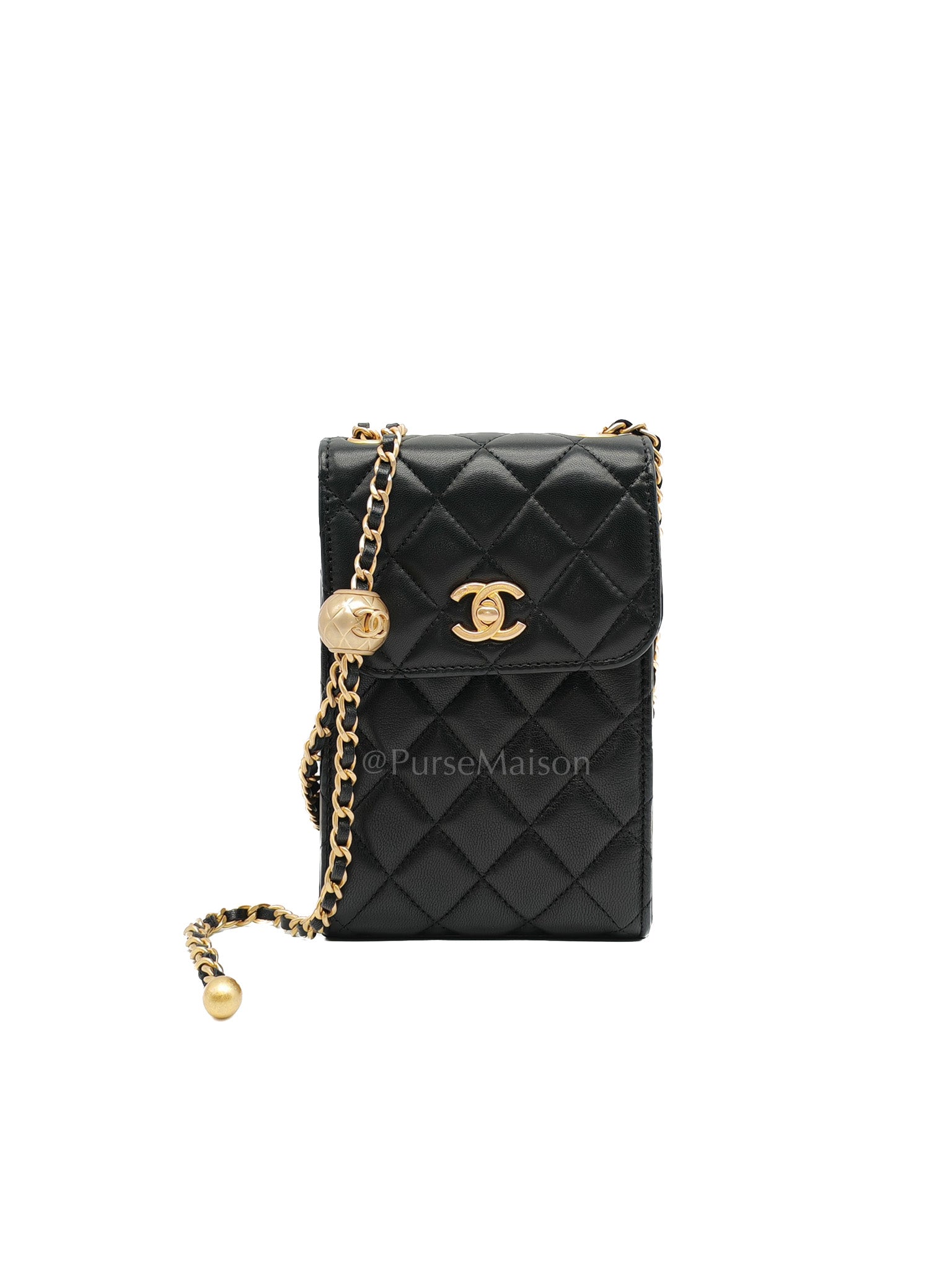 Phone Holder Pearl Crush Black Lambskin Leather in Aged Gold Hardware (Series 30) | Purse Maison Luxury Bags Shop
