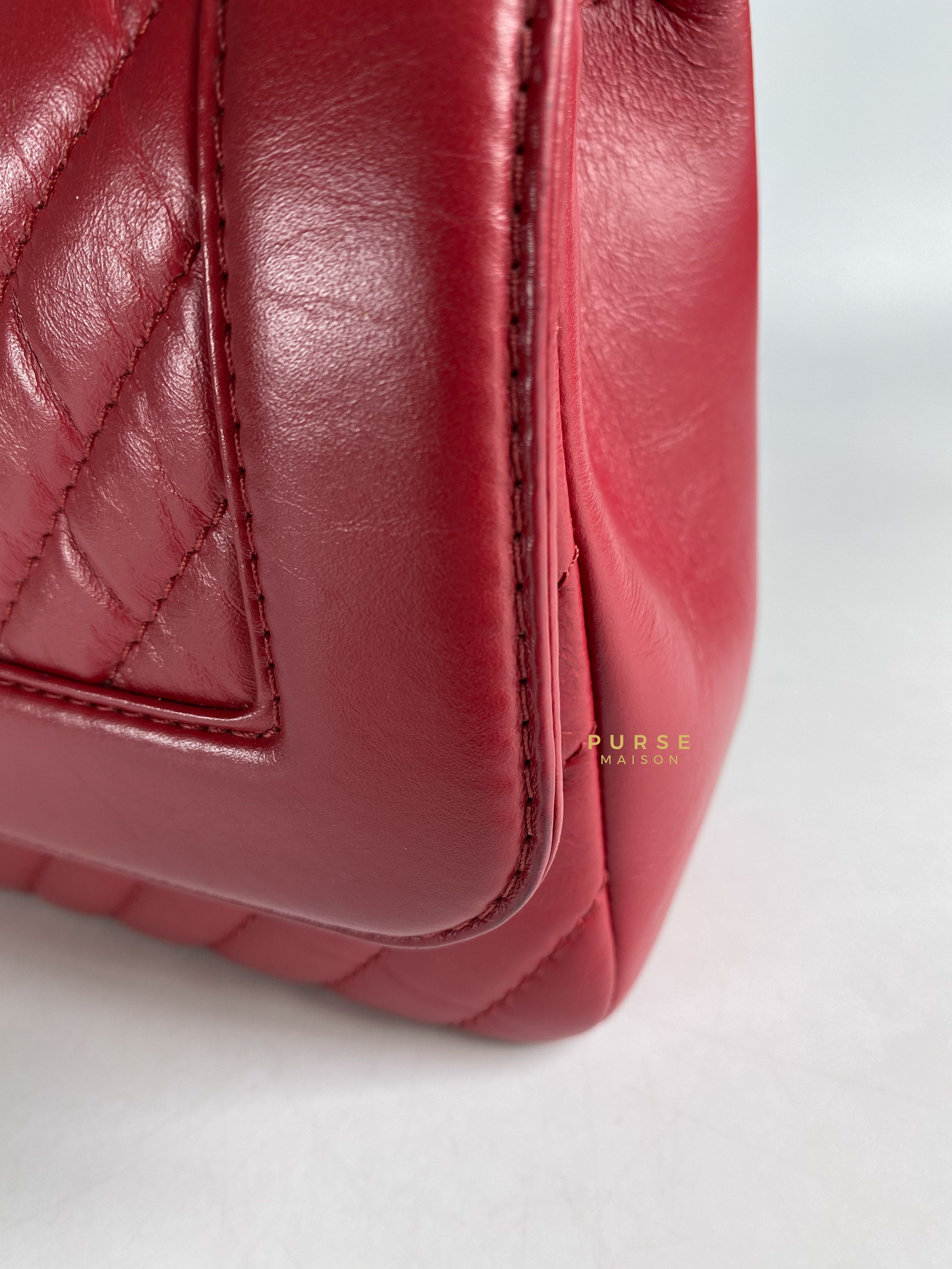 Chanel Red Chevron Top Handle Aged Calfskin & Gold Hardware Series 24 | Purse Maison Luxury Bags Shop