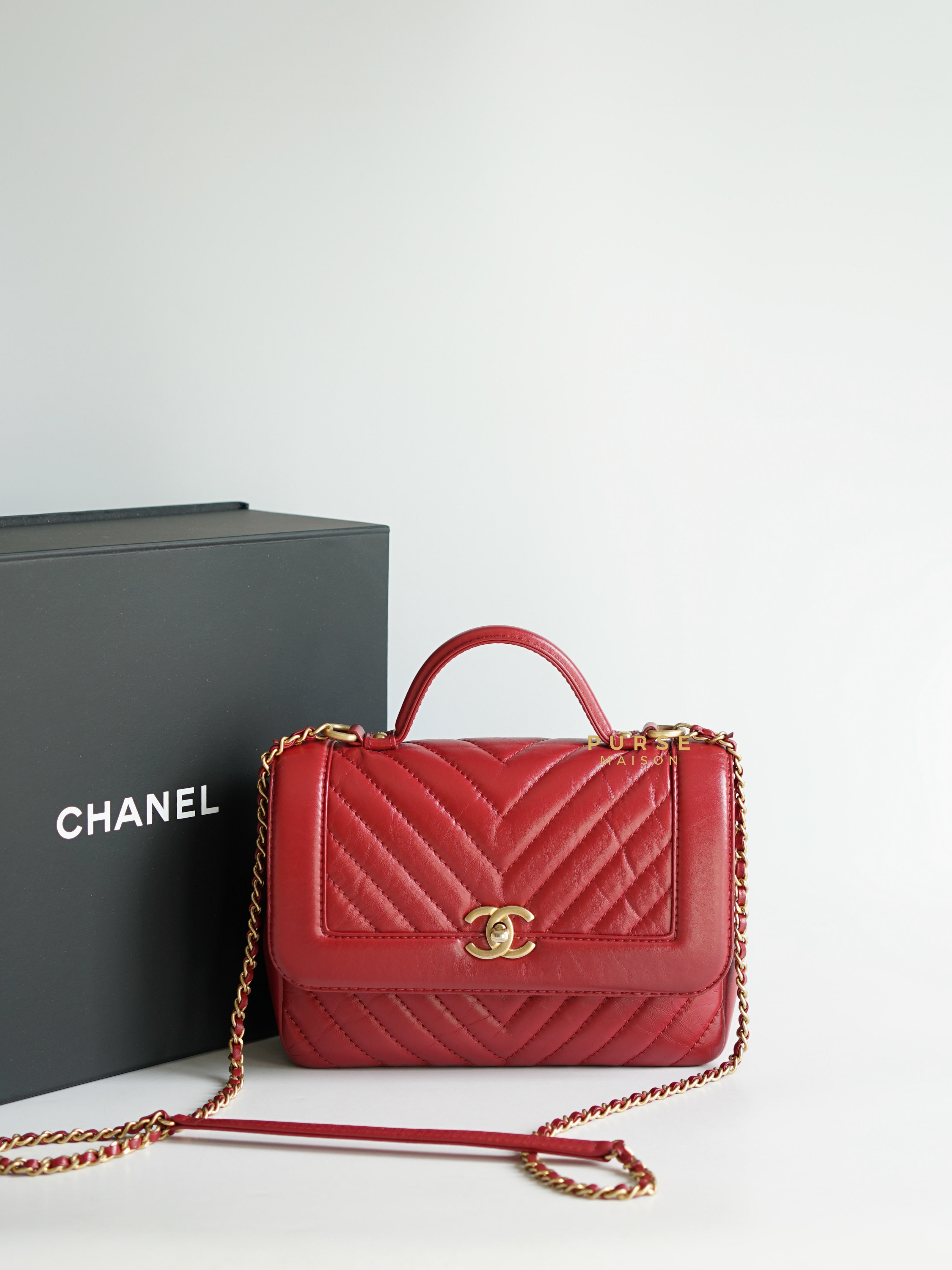 Chanel Red Chevron Top Handle Aged Calfskin & Gold Hardware Series 24 | Purse Maison Luxury Bags Shop